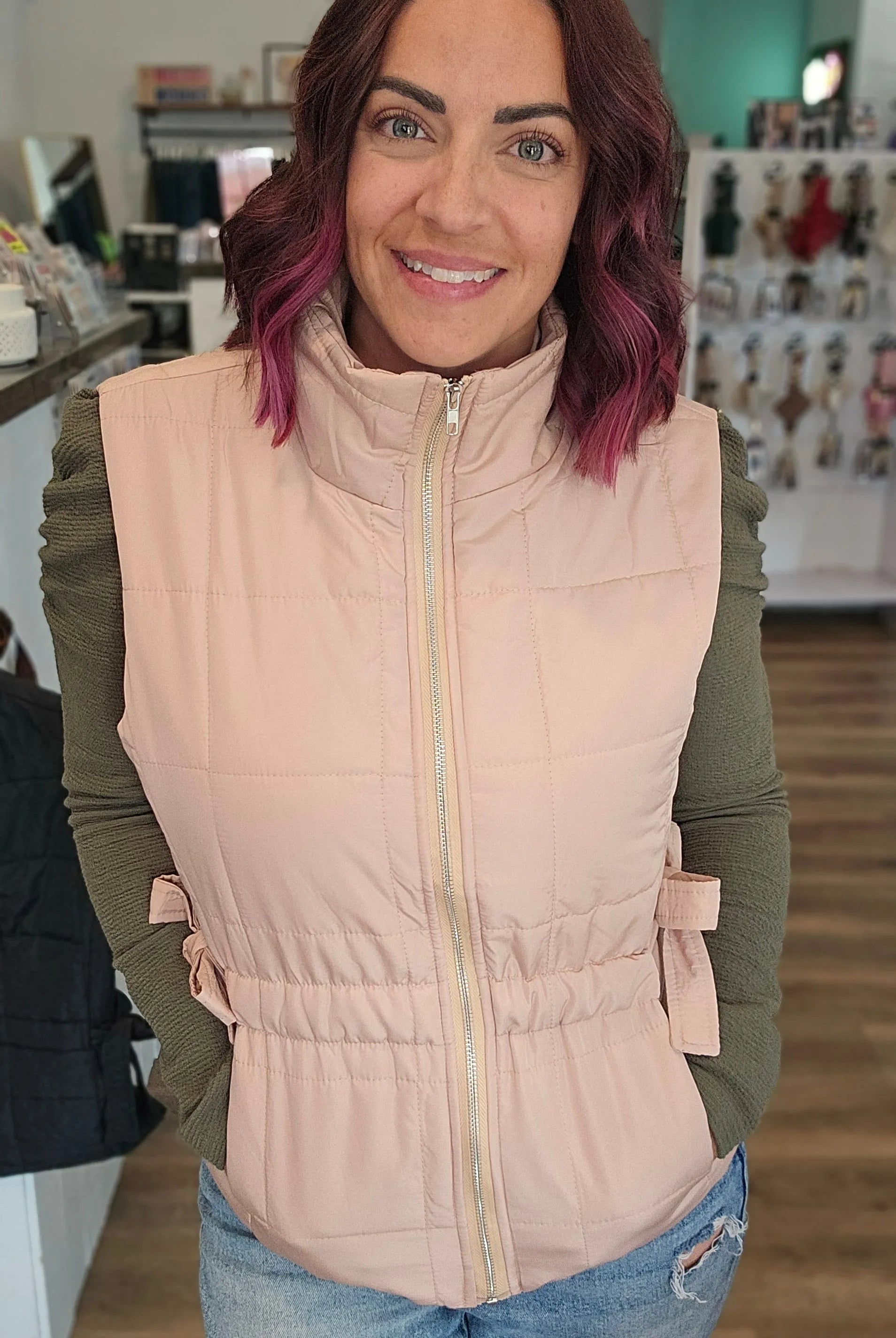 Shop Side Tie Quilted Puffer Vest - Tan- at Ruby Joy Boutique, a Women's Clothing Store in Pickerington, Ohio