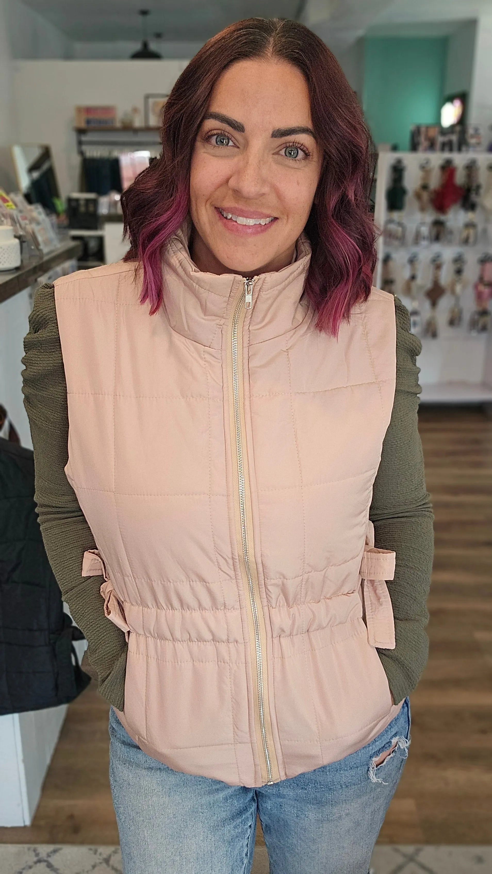 Shop Side Tie Quilted Puffer Vest - Tan- at Ruby Joy Boutique, a Women's Clothing Store in Pickerington, Ohio