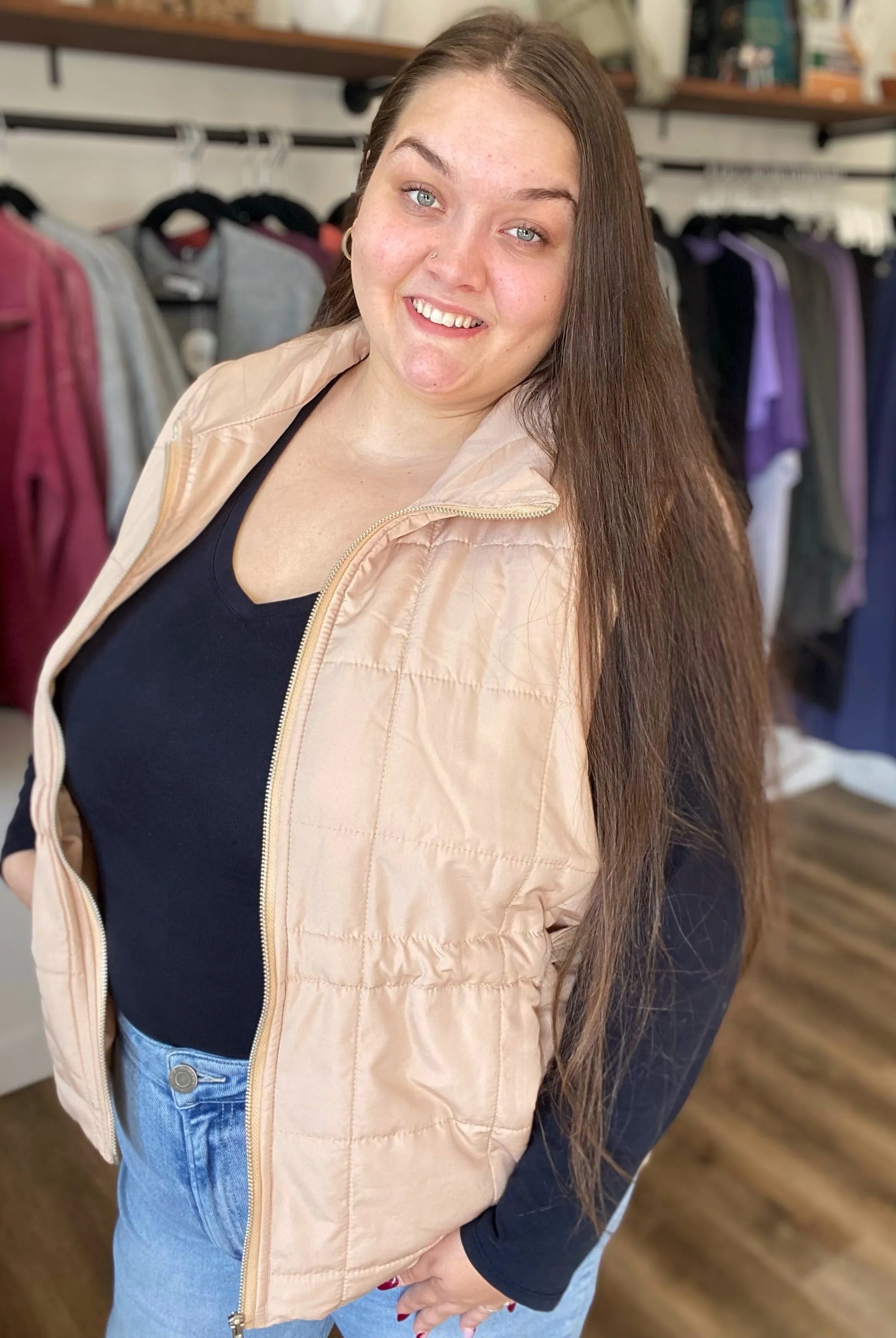 Shop Side Tie Quilted Puffer Vest - Tan- at Ruby Joy Boutique, a Women's Clothing Store in Pickerington, Ohio