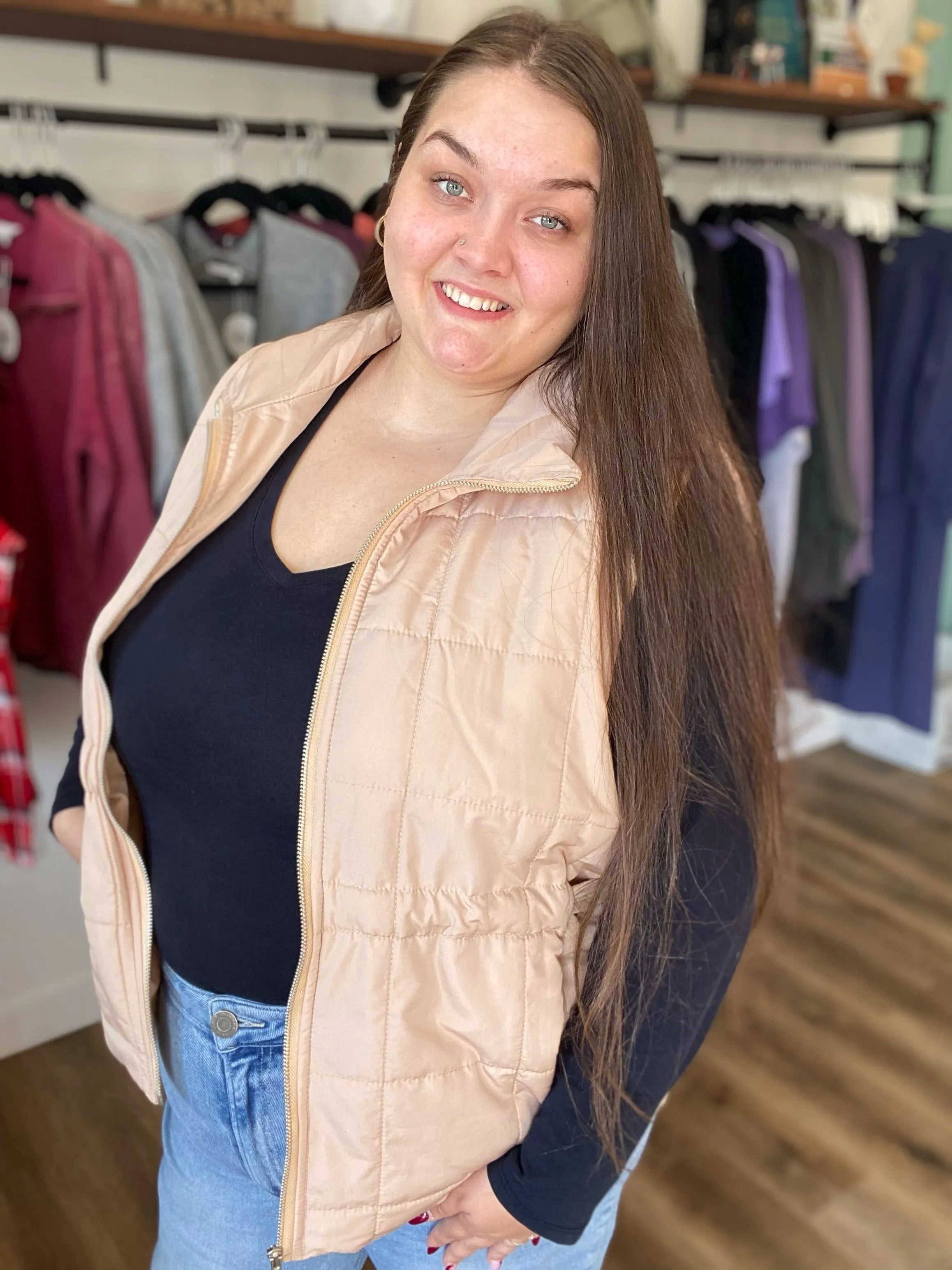 Shop Side Tie Quilted Puffer Vest - Tan- at Ruby Joy Boutique, a Women's Clothing Store in Pickerington, Ohio