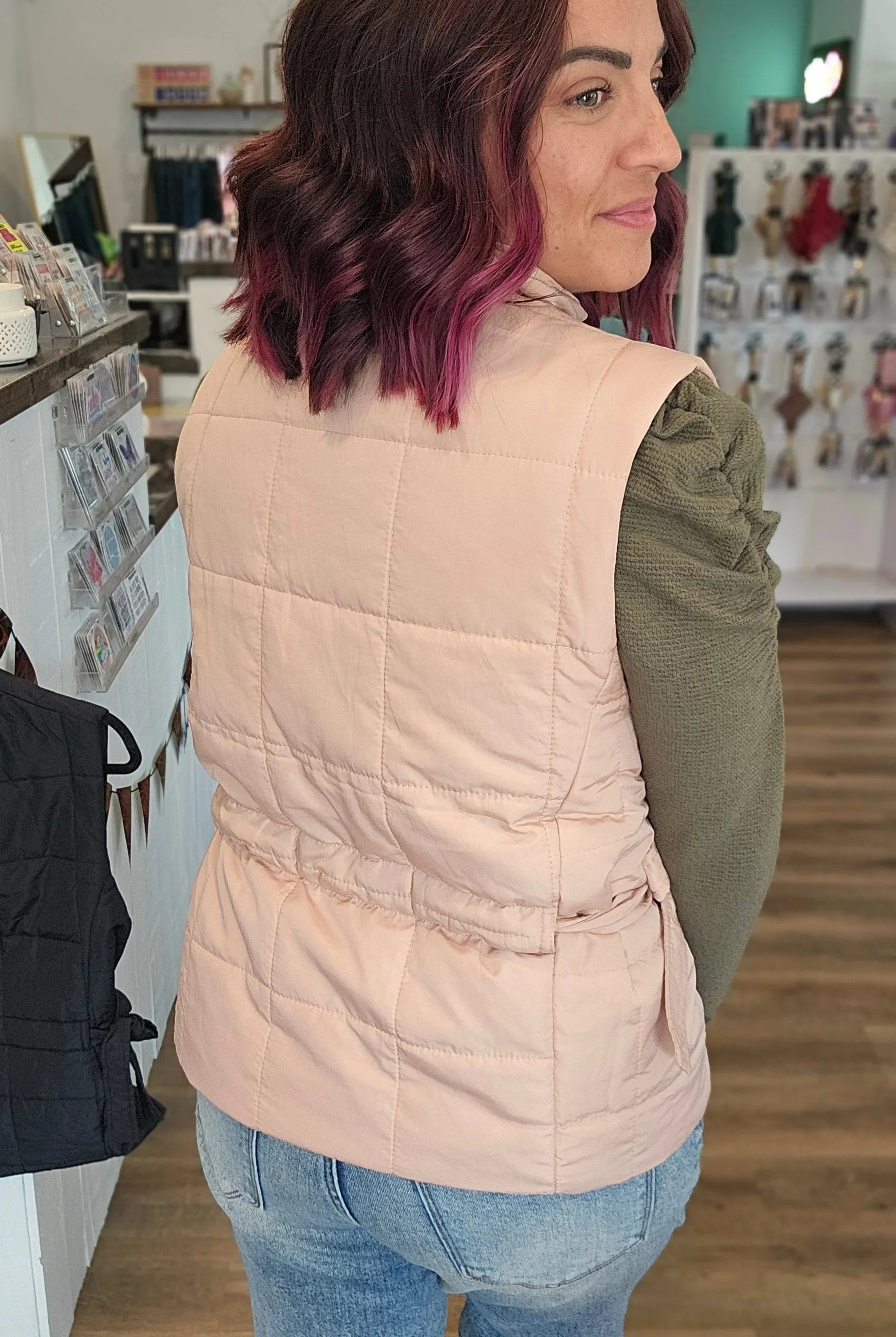 Shop Side Tie Quilted Puffer Vest - Tan- at Ruby Joy Boutique, a Women's Clothing Store in Pickerington, Ohio