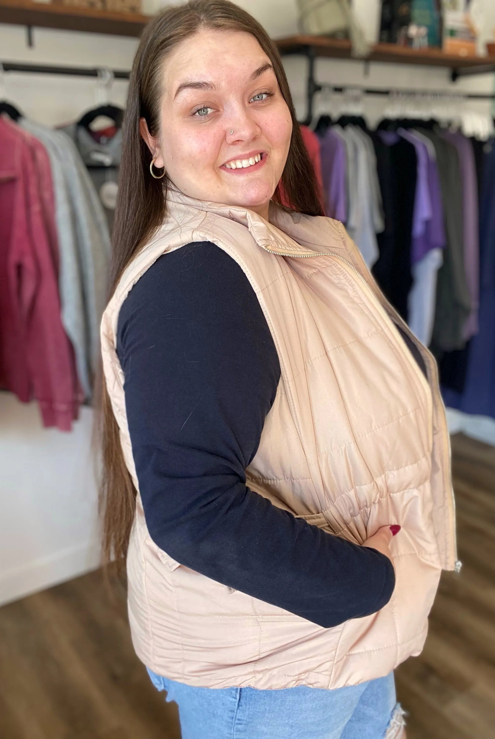 Shop Side Tie Quilted Puffer Vest - Tan- at Ruby Joy Boutique, a Women's Clothing Store in Pickerington, Ohio