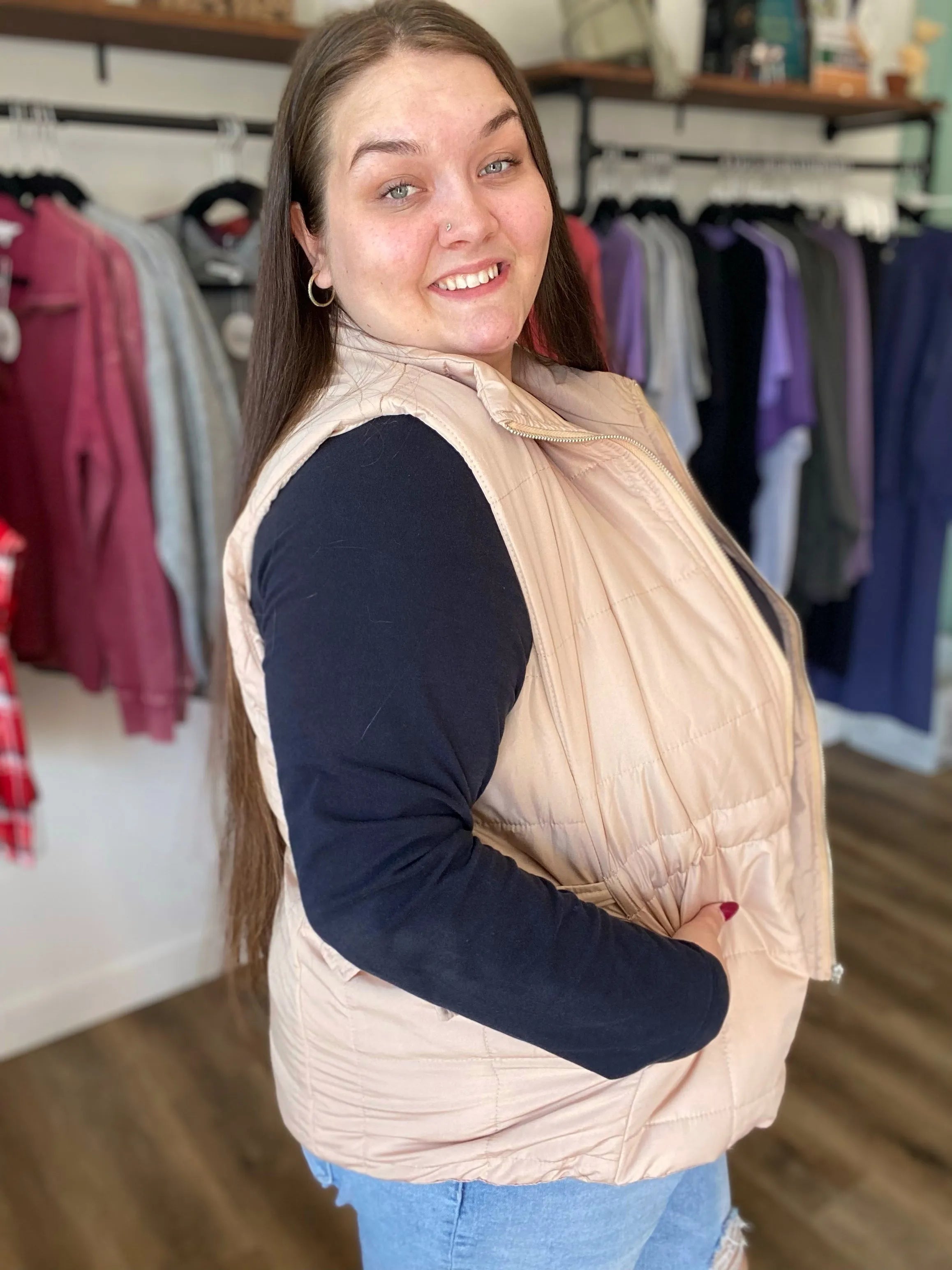 Shop Side Tie Quilted Puffer Vest - Tan- at Ruby Joy Boutique, a Women's Clothing Store in Pickerington, Ohio