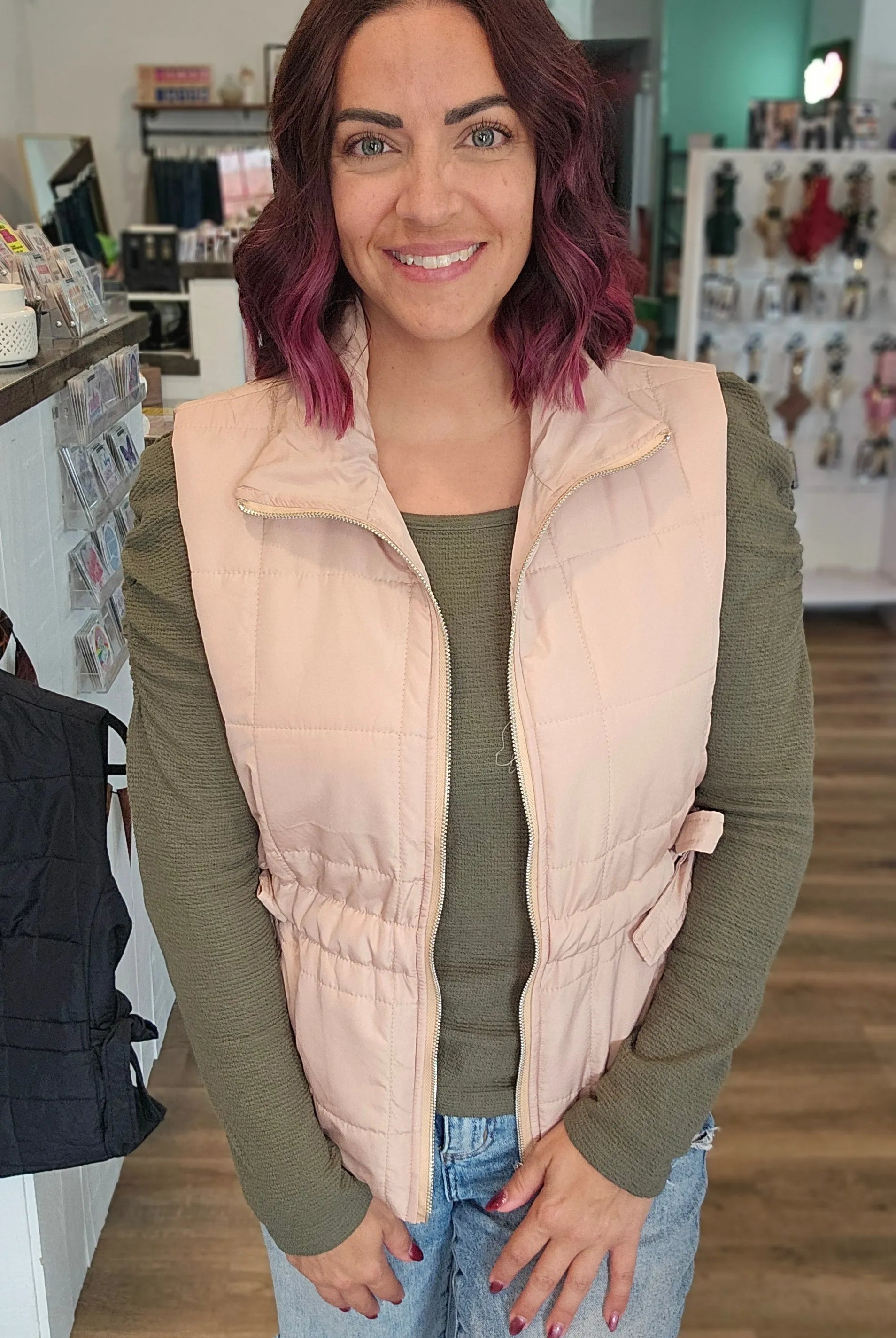 Shop Side Tie Quilted Puffer Vest - Tan- at Ruby Joy Boutique, a Women's Clothing Store in Pickerington, Ohio