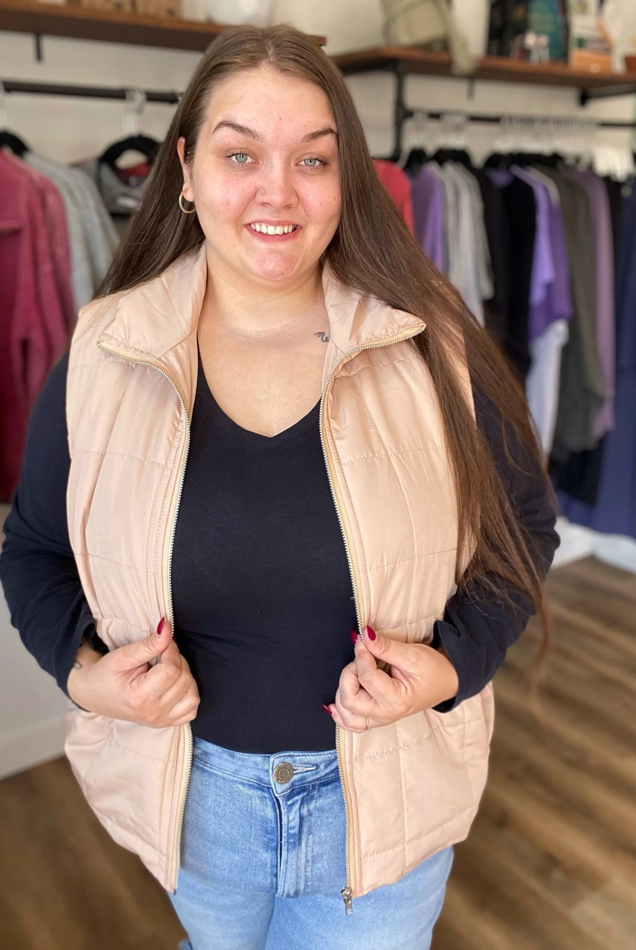 Shop Side Tie Quilted Puffer Vest - Tan-1XL at Ruby Joy Boutique, a Women's Clothing Store in Pickerington, Ohio