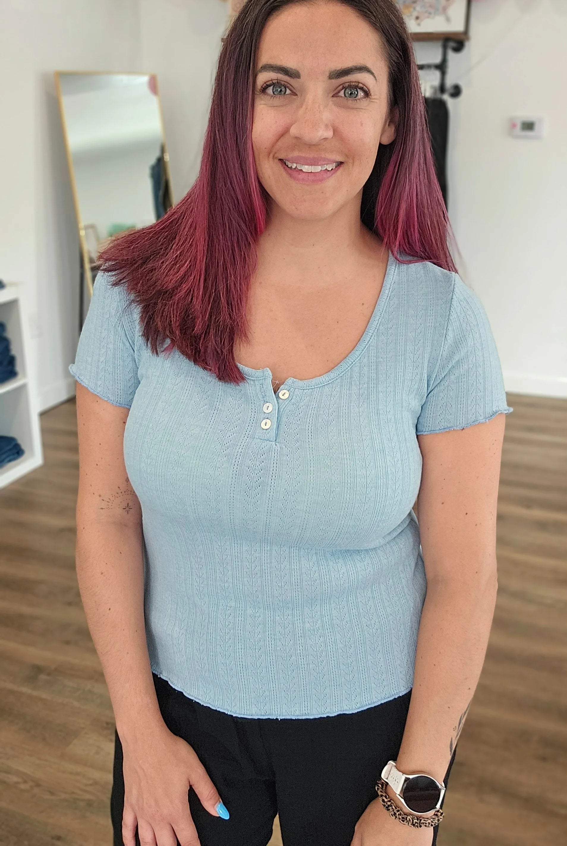 Shop Sky Blue Pointelle Top- at Ruby Joy Boutique, a Women's Clothing Store in Pickerington, Ohio