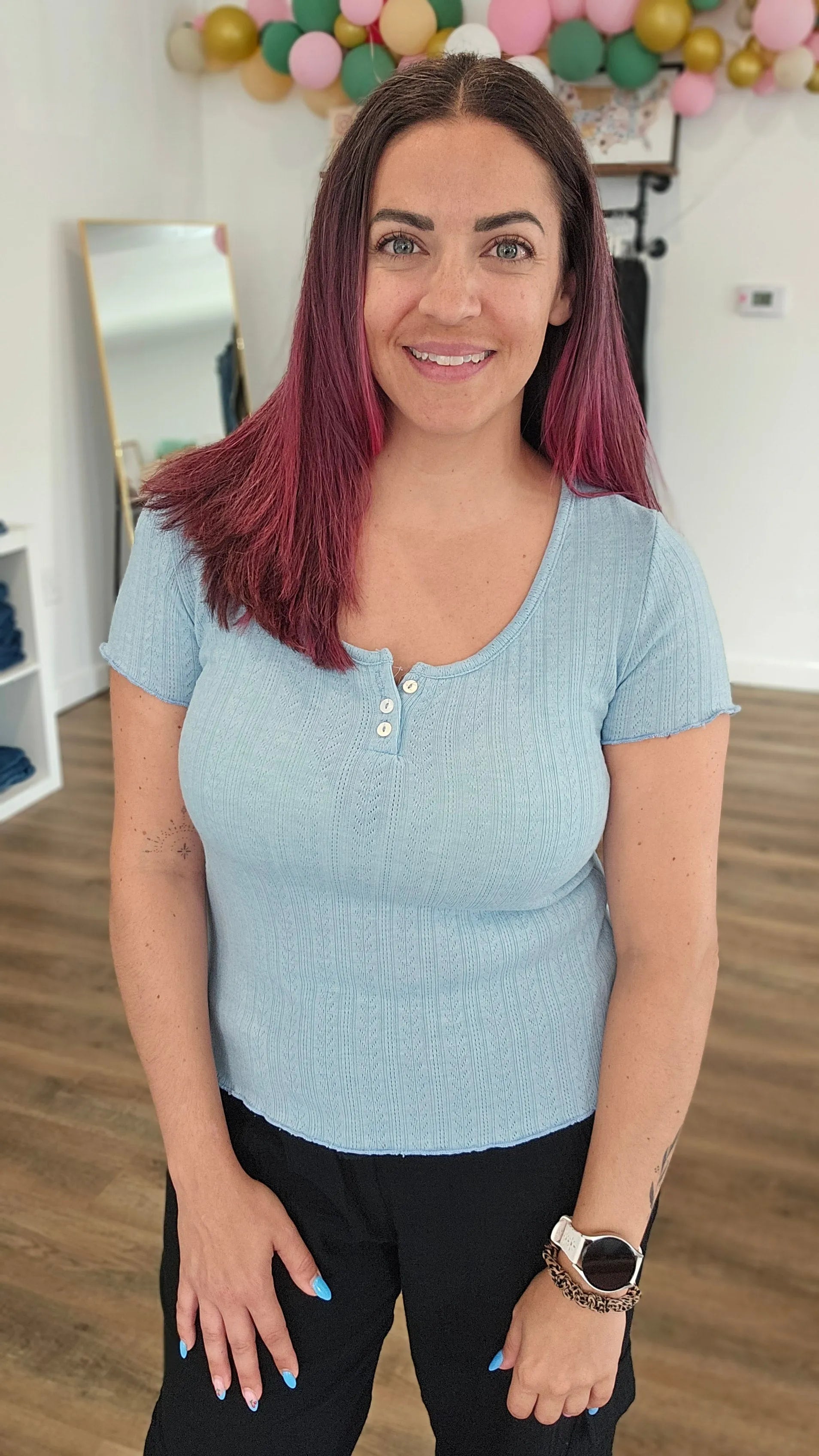 Shop Sky Blue Pointelle Top- at Ruby Joy Boutique, a Women's Clothing Store in Pickerington, Ohio