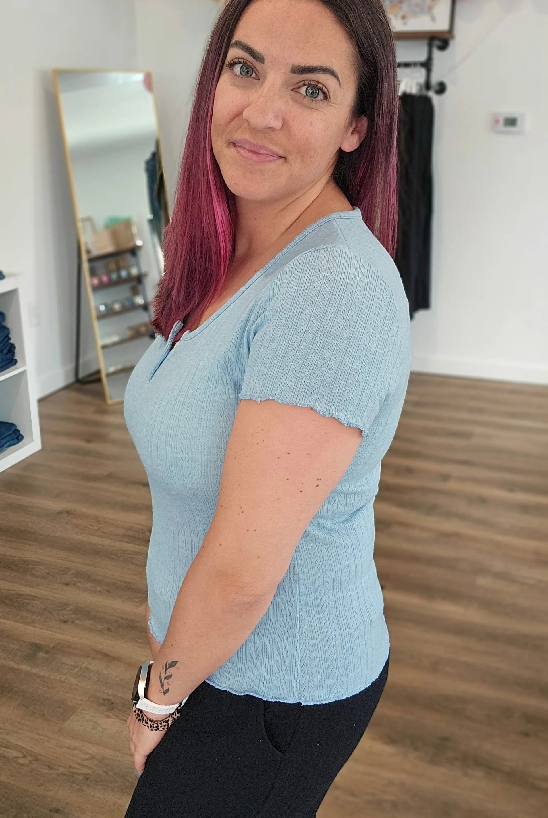 Shop Sky Blue Pointelle Top- at Ruby Joy Boutique, a Women's Clothing Store in Pickerington, Ohio