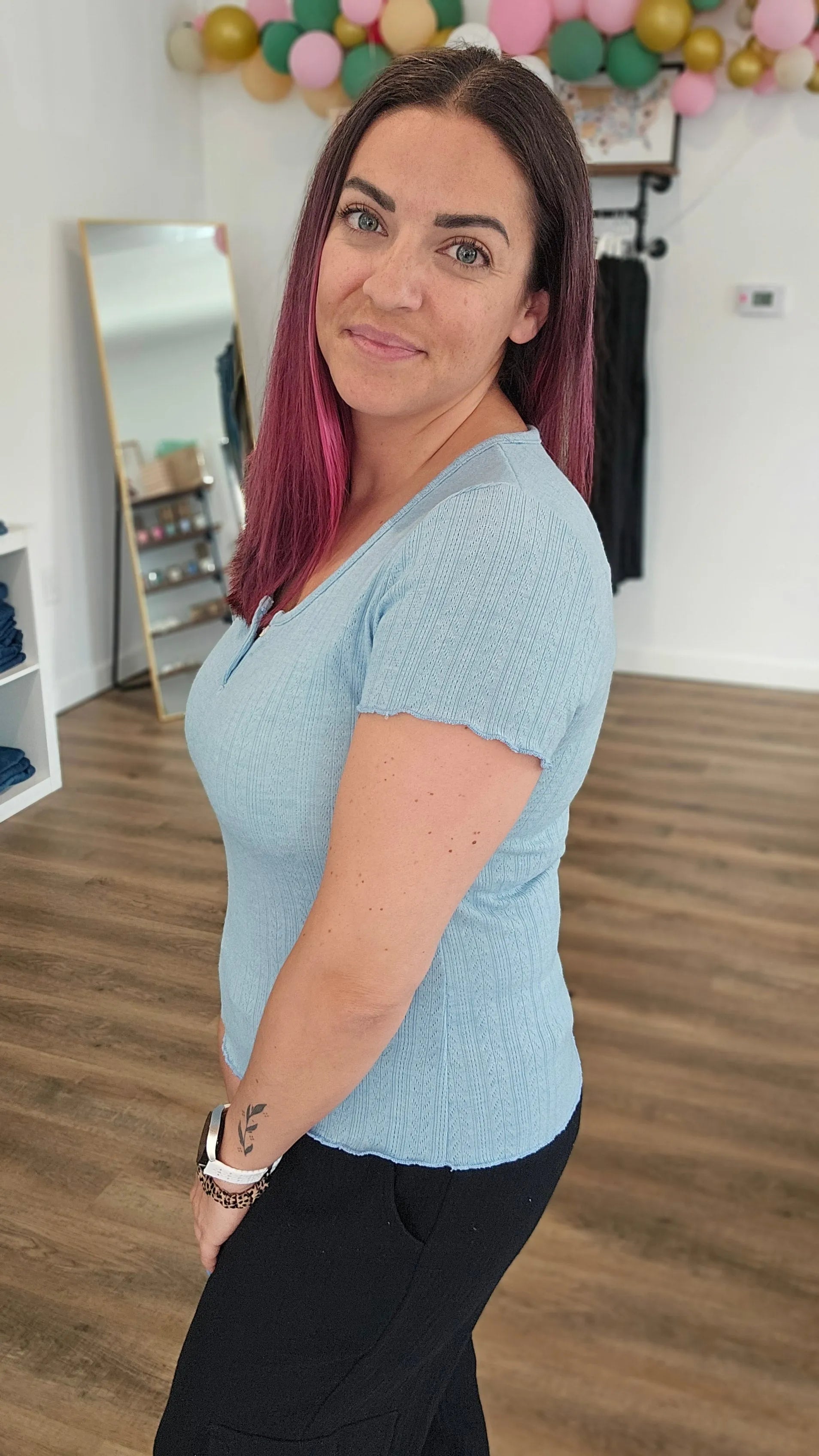 Shop Sky Blue Pointelle Top- at Ruby Joy Boutique, a Women's Clothing Store in Pickerington, Ohio