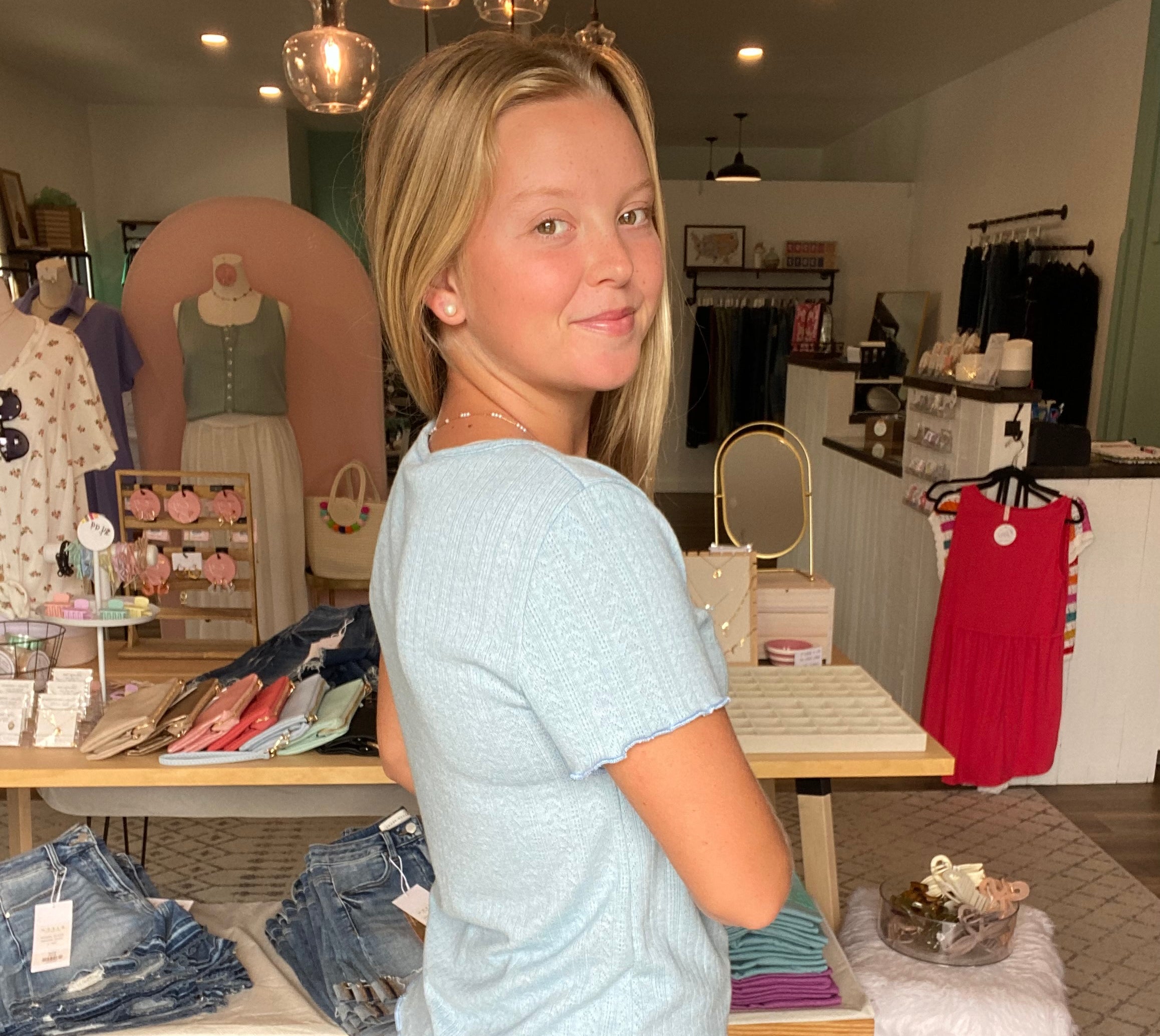 Shop Sky Blue Pointelle Top- at Ruby Joy Boutique, a Women's Clothing Store in Pickerington, Ohio