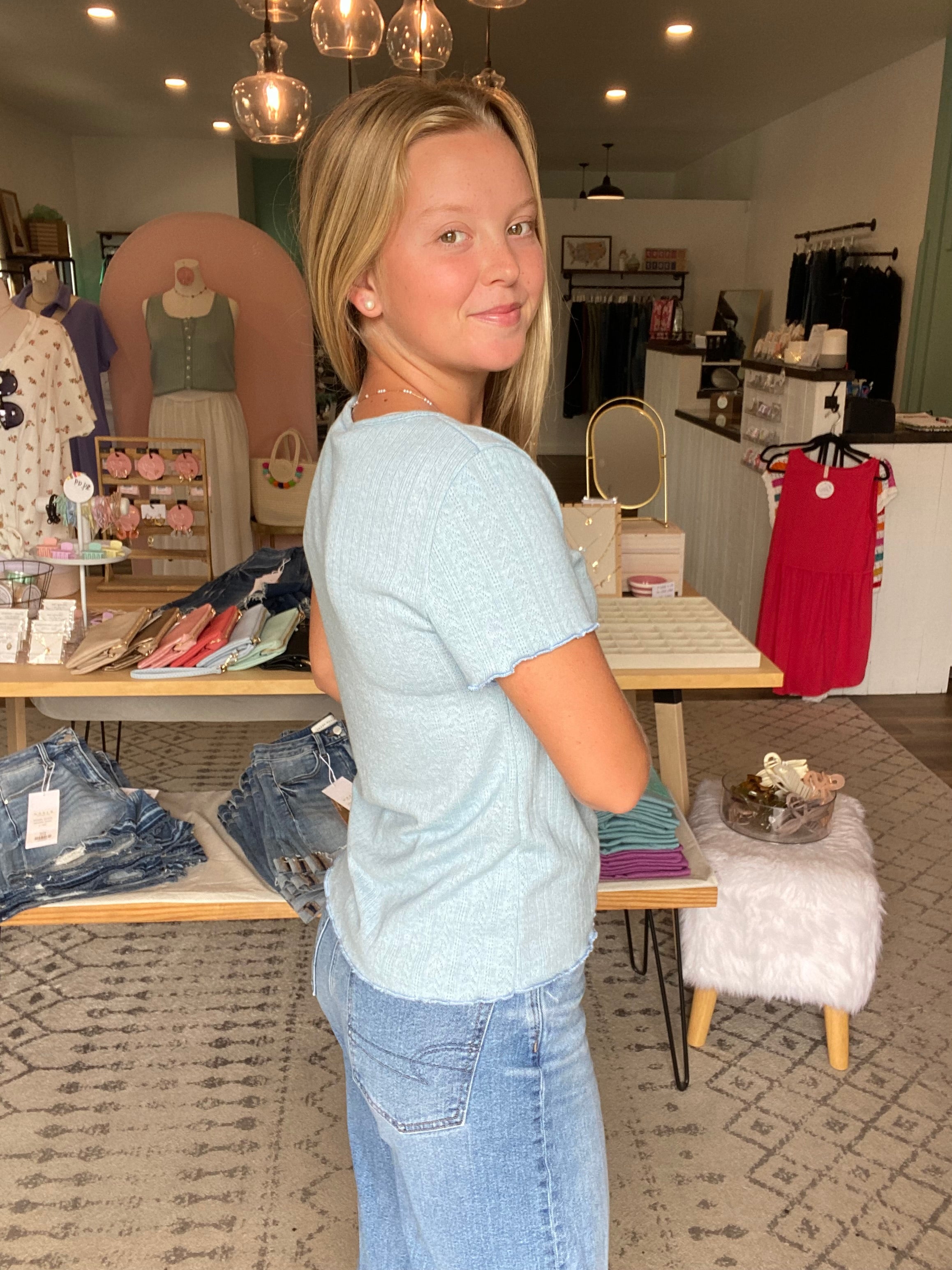 Shop Sky Blue Pointelle Top- at Ruby Joy Boutique, a Women's Clothing Store in Pickerington, Ohio