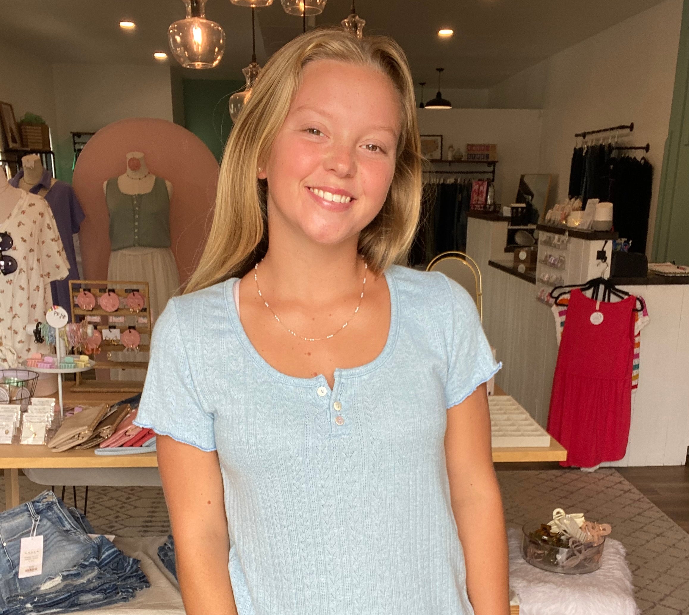 Shop Sky Blue Pointelle Top- at Ruby Joy Boutique, a Women's Clothing Store in Pickerington, Ohio