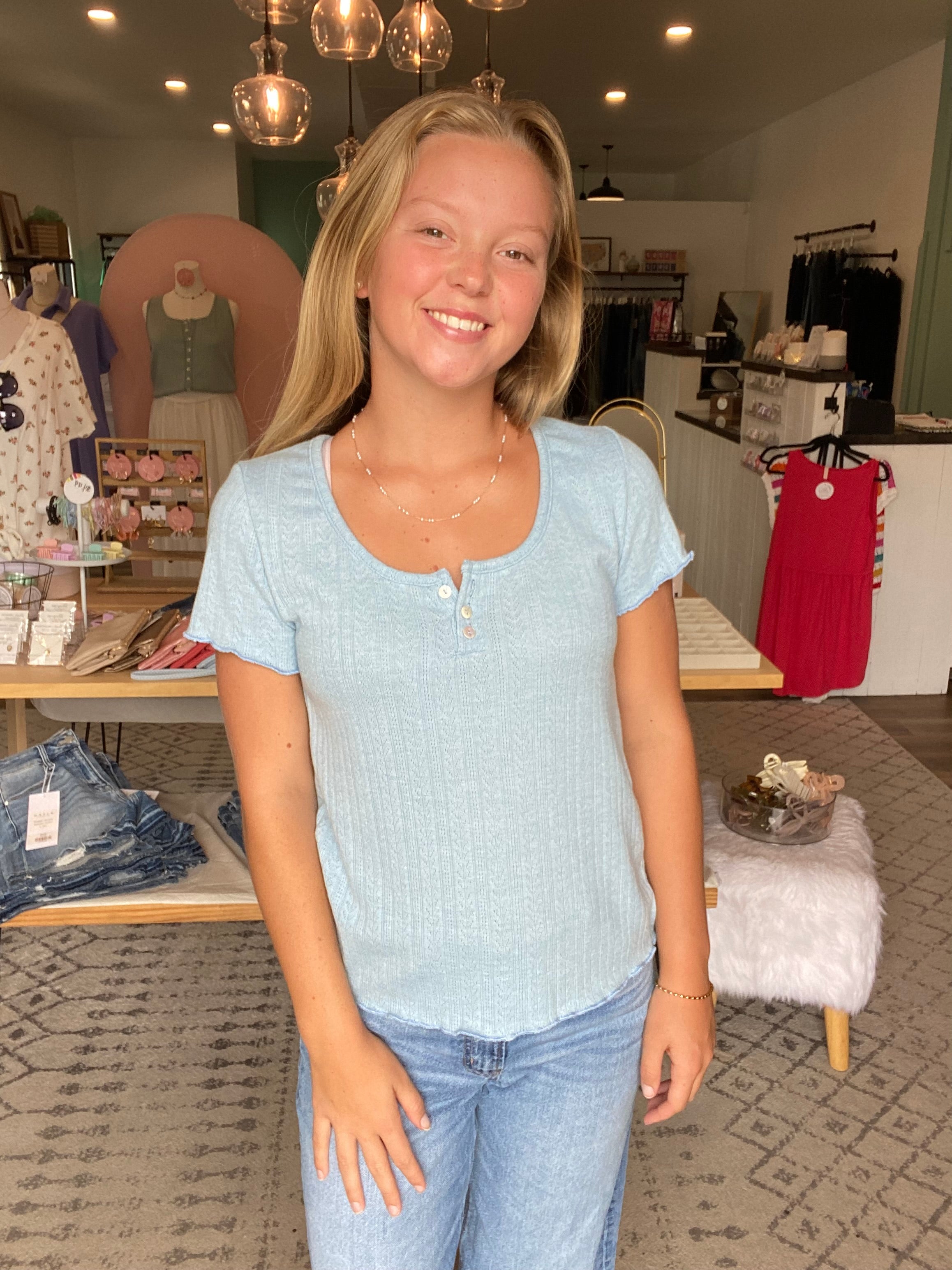 Shop Sky Blue Pointelle Top- at Ruby Joy Boutique, a Women's Clothing Store in Pickerington, Ohio