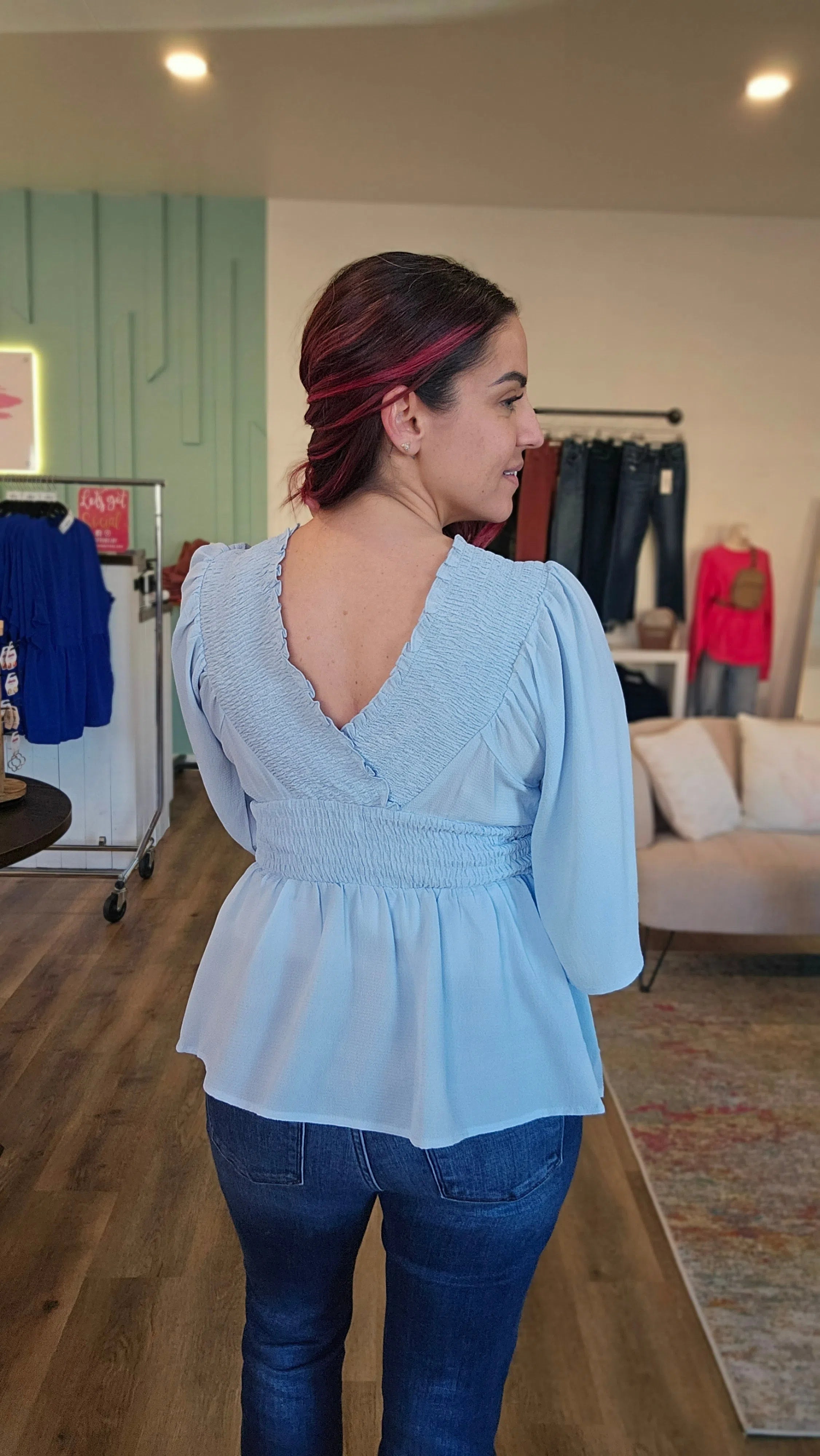 Shop Smocked Surplice Peplum Blouse - Baby Blue-Blouse at Ruby Joy Boutique, a Women's Clothing Store in Pickerington, Ohio