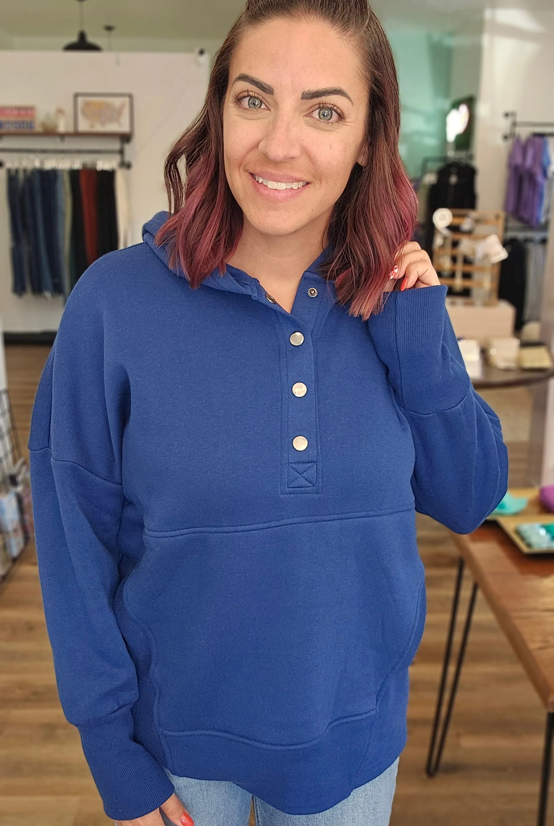 Shop Snap Front Fleece Hoodie – Light Navy- at Ruby Joy Boutique, a Women's Clothing Store in Pickerington, Ohio