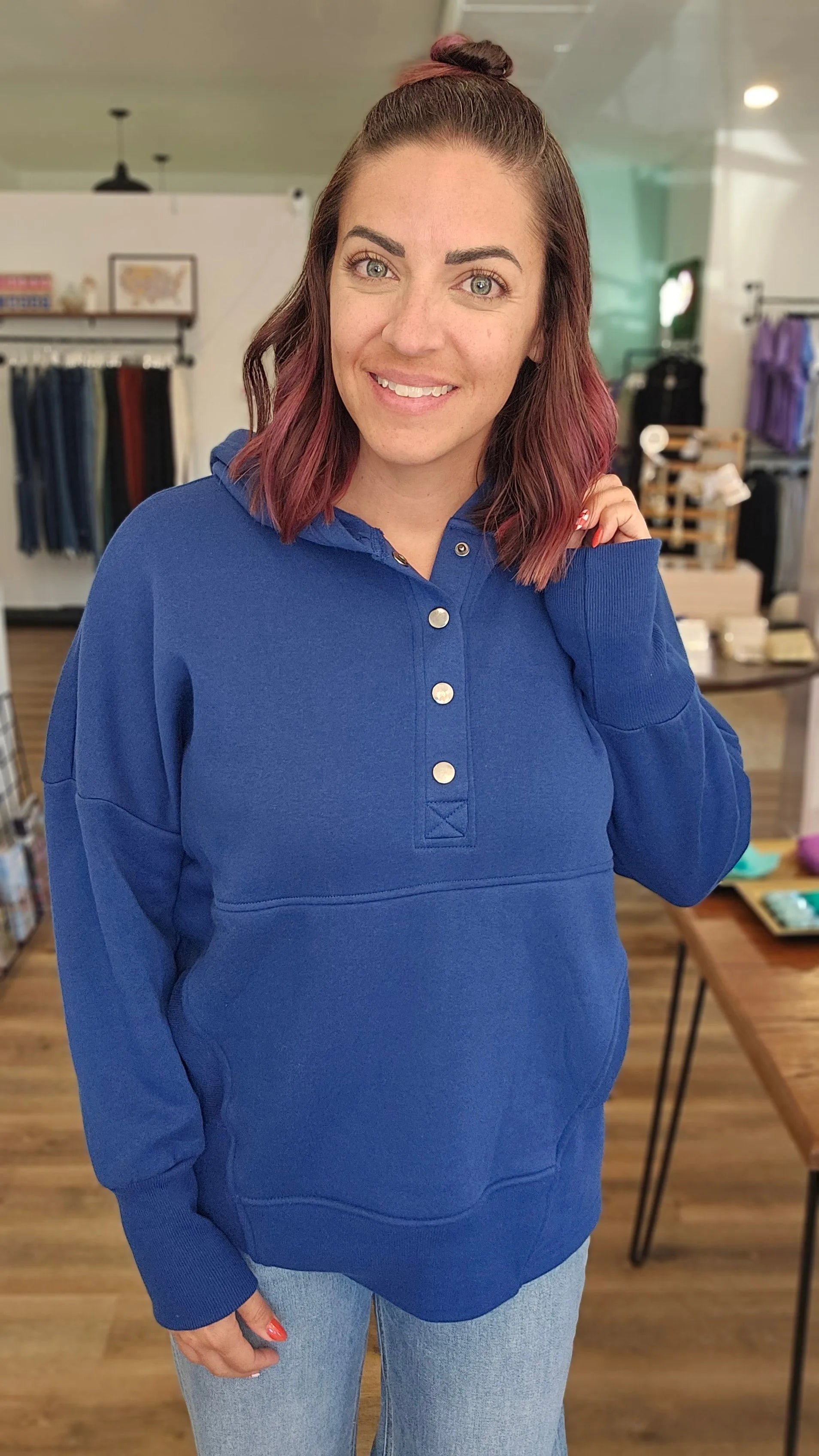 Shop Snap Front Fleece Hoodie – Light Navy- at Ruby Joy Boutique, a Women's Clothing Store in Pickerington, Ohio