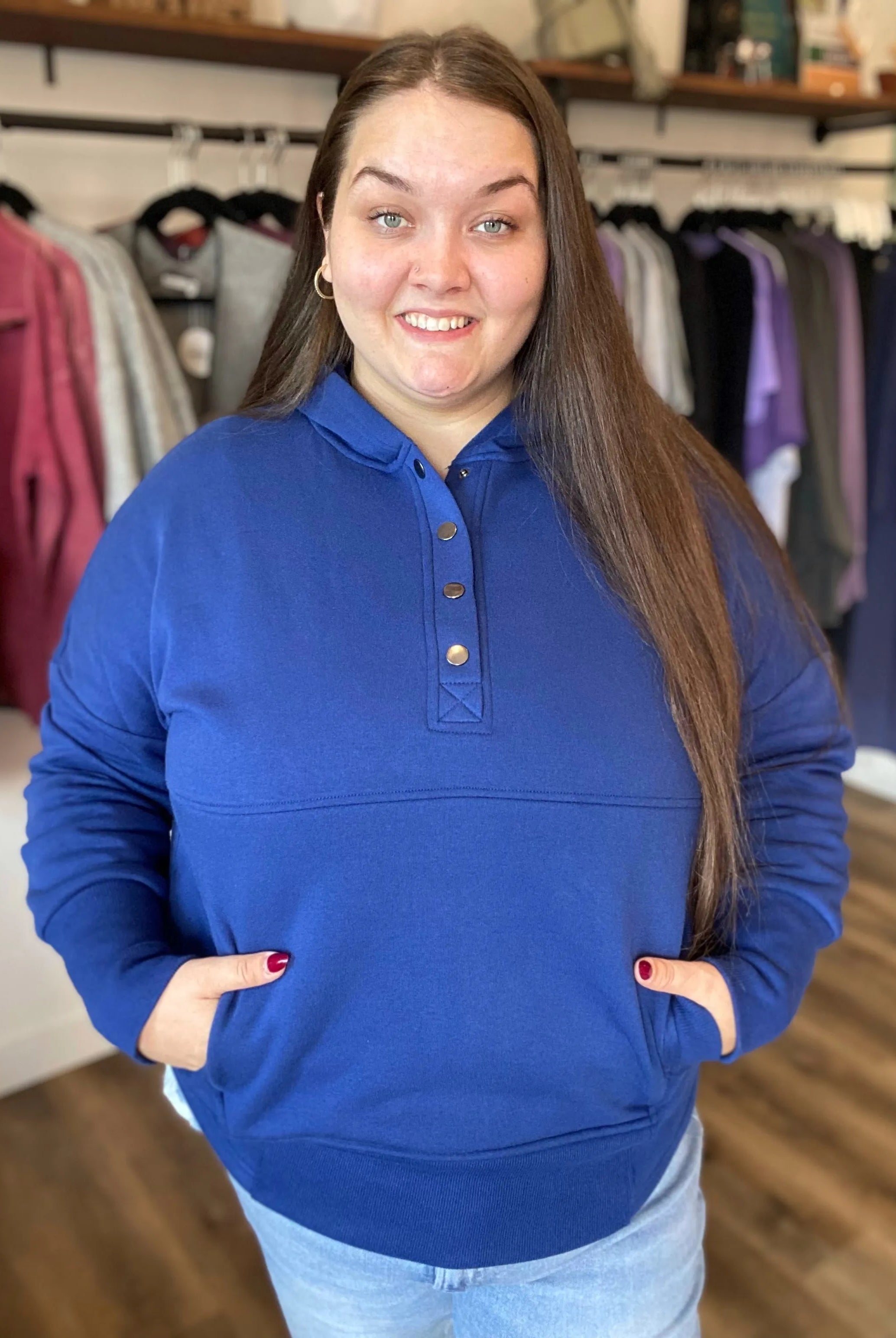 Shop Snap Front Fleece Hoodie – Light Navy- at Ruby Joy Boutique, a Women's Clothing Store in Pickerington, Ohio