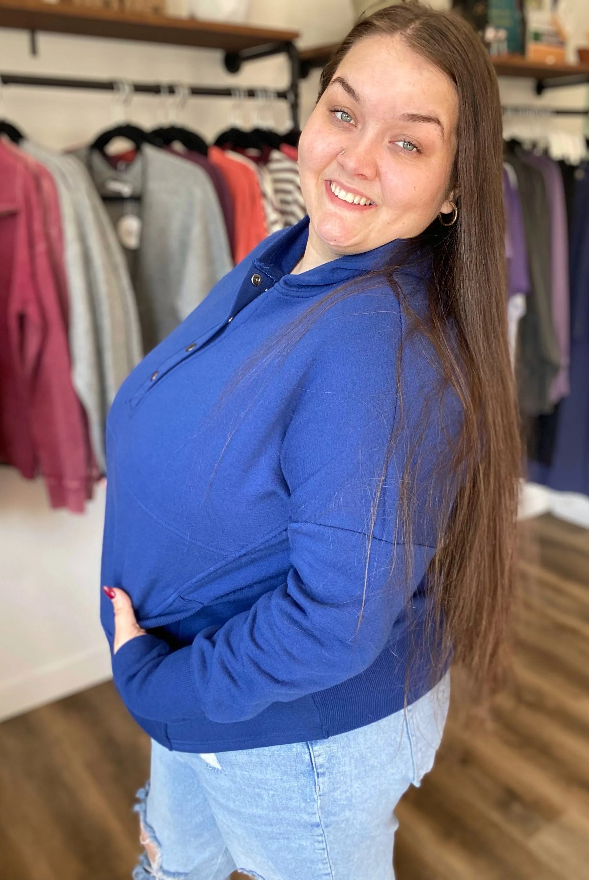 Shop Snap Front Fleece Hoodie – Light Navy- at Ruby Joy Boutique, a Women's Clothing Store in Pickerington, Ohio