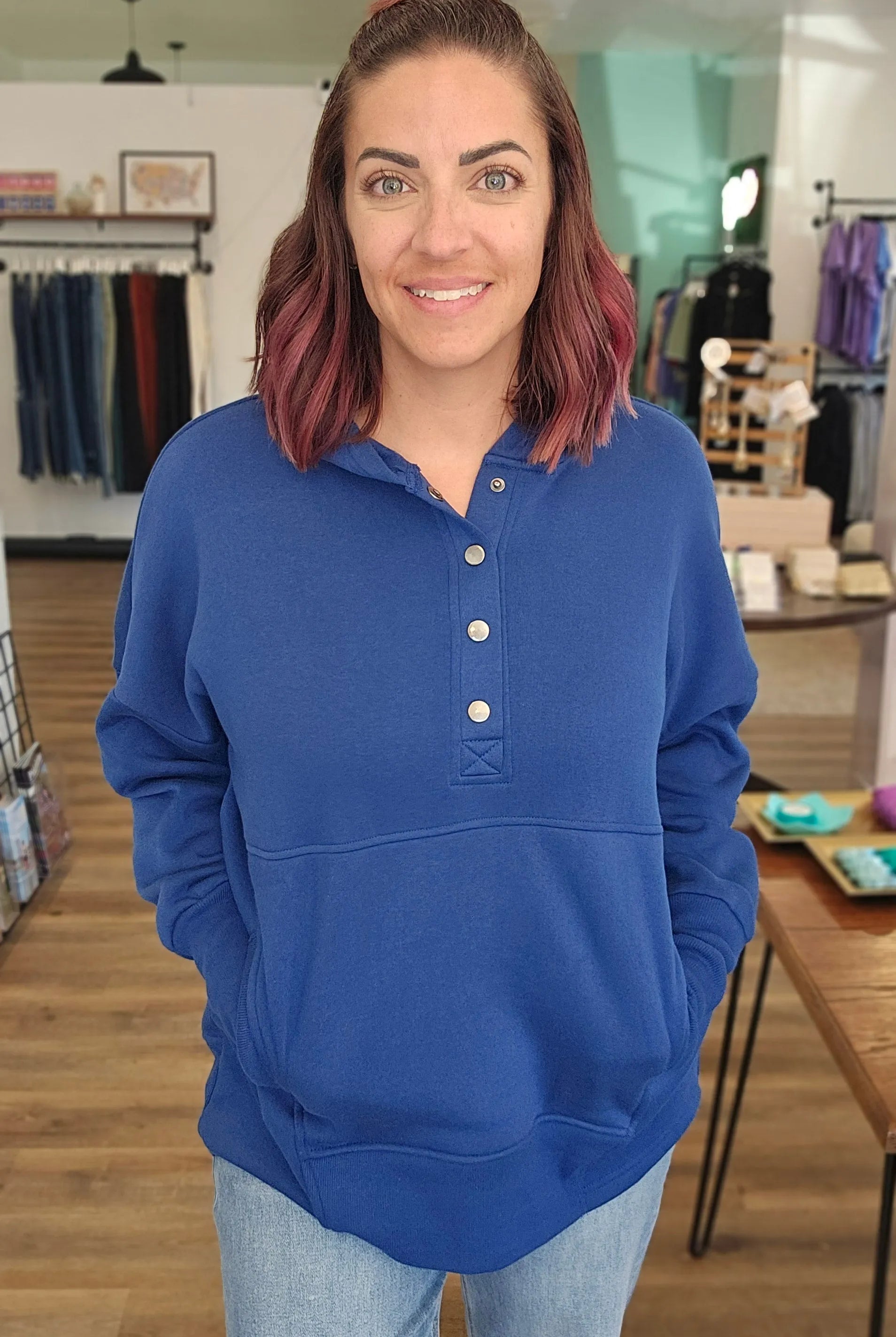 Shop Snap Front Fleece Hoodie – Light Navy- at Ruby Joy Boutique, a Women's Clothing Store in Pickerington, Ohio