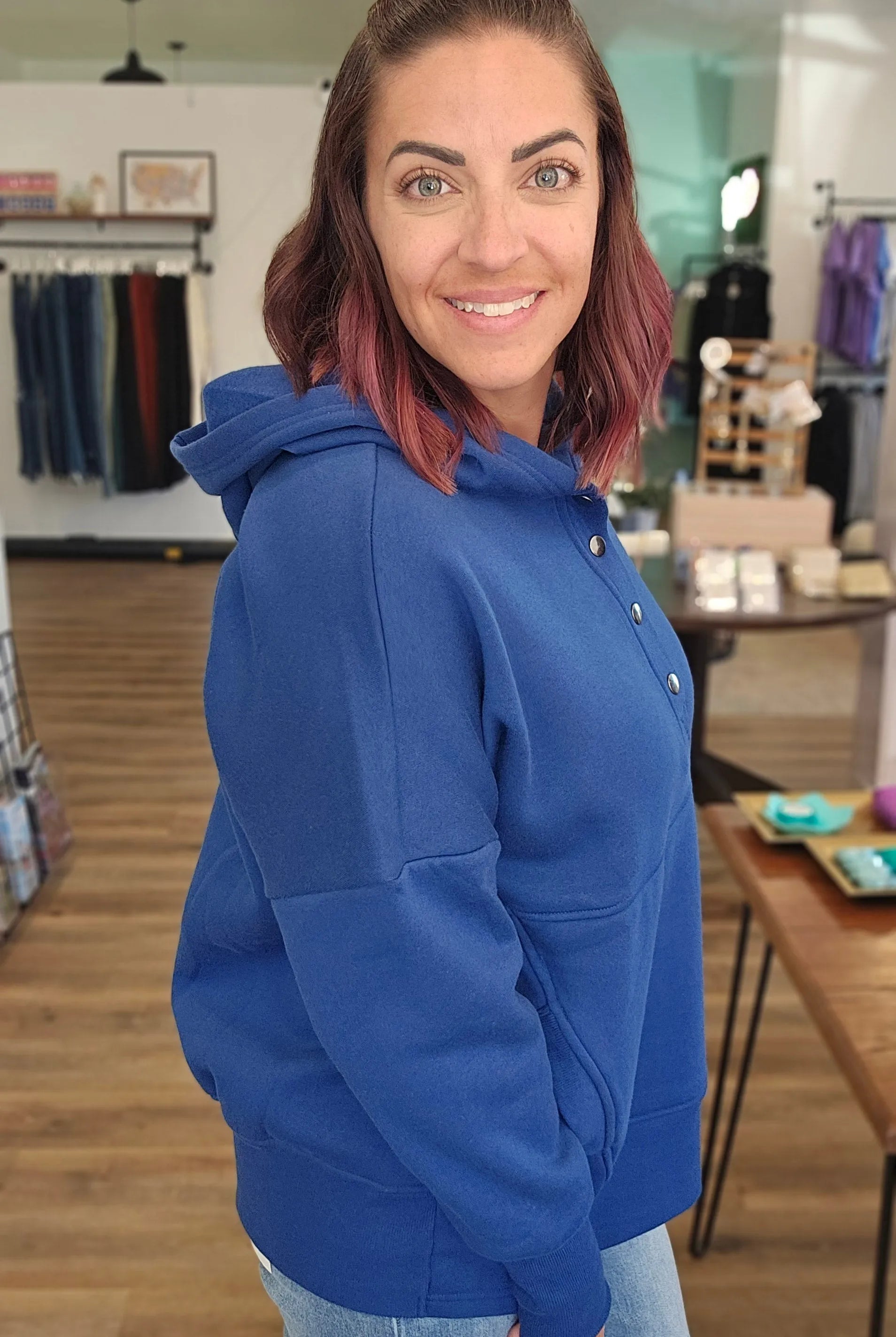 Shop Snap Front Fleece Hoodie – Light Navy- at Ruby Joy Boutique, a Women's Clothing Store in Pickerington, Ohio