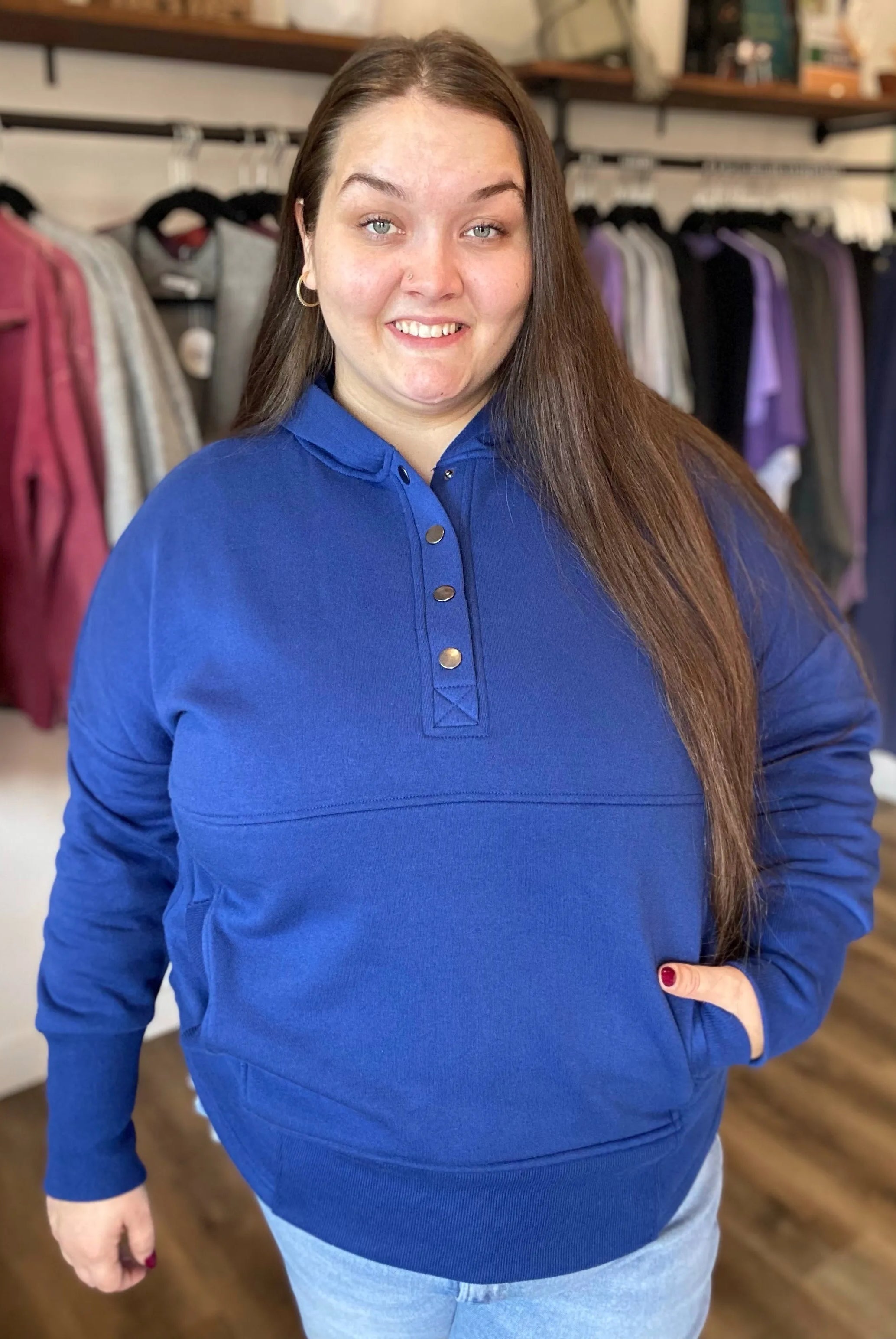 Shop Snap Front Fleece Hoodie – Light Navy- at Ruby Joy Boutique, a Women's Clothing Store in Pickerington, Ohio