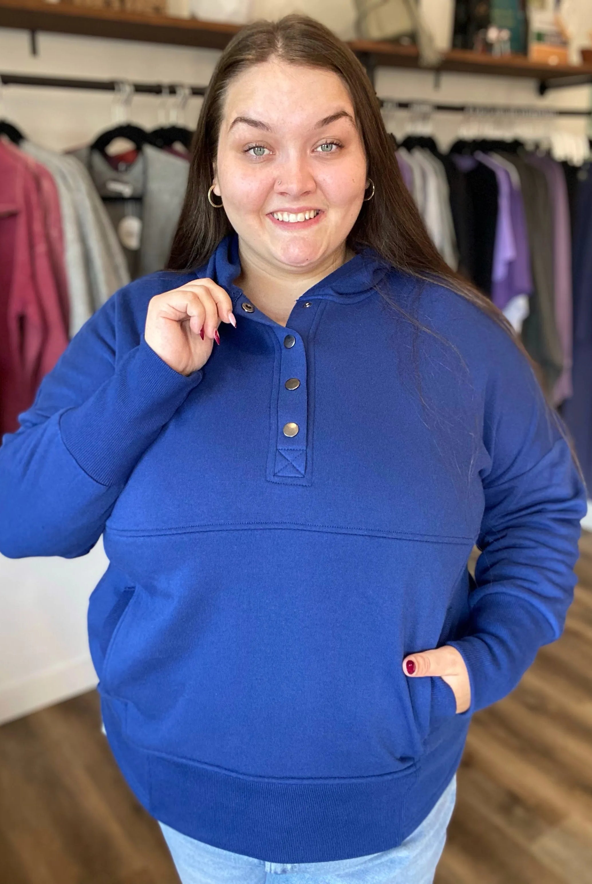 Shop Snap Front Fleece Hoodie – Light Navy-L/XL at Ruby Joy Boutique, a Women's Clothing Store in Pickerington, Ohio