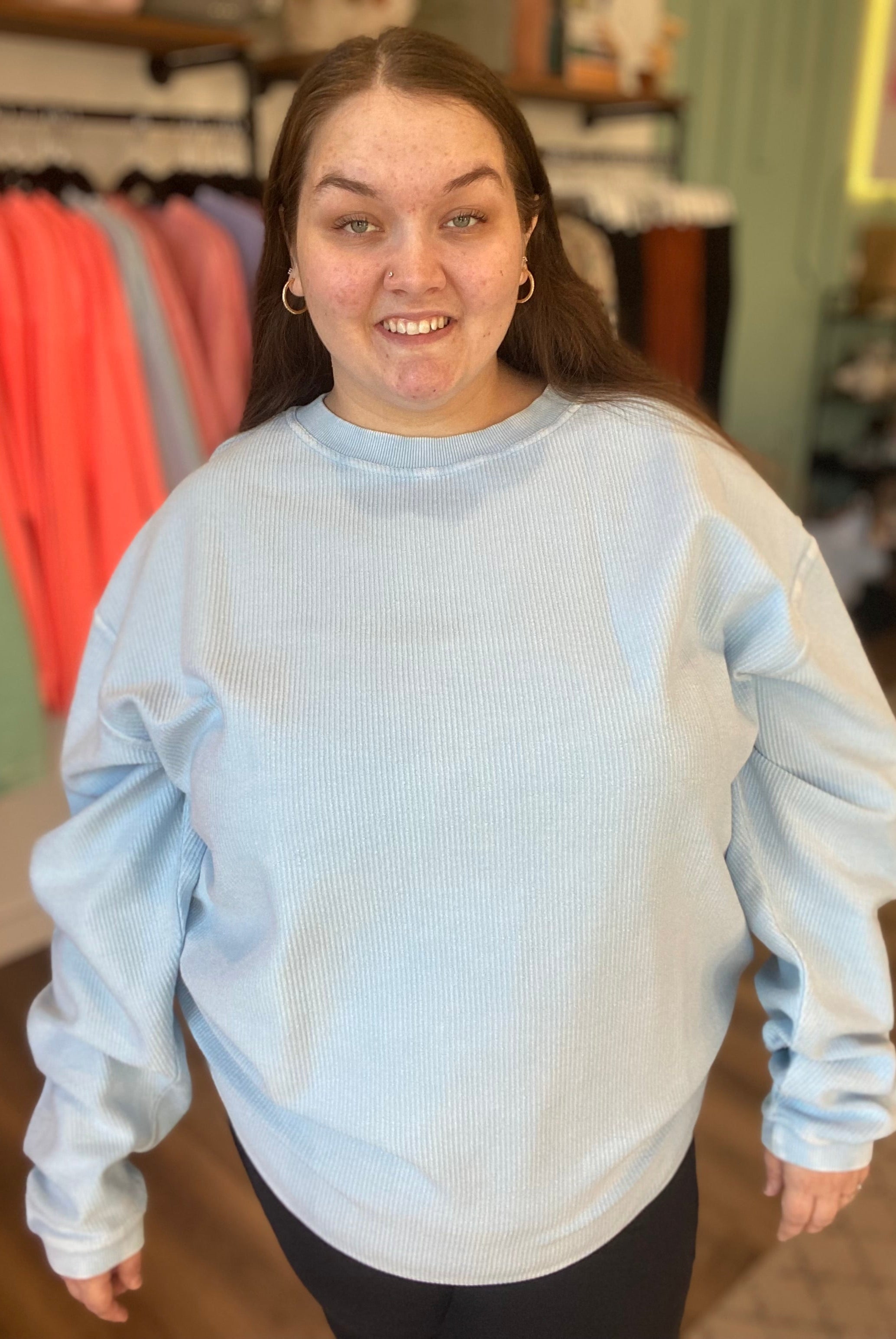Shop Solid Corded Crew - Sky Blue-Sweatshirt at Ruby Joy Boutique, a Women's Clothing Store in Pickerington, Ohio