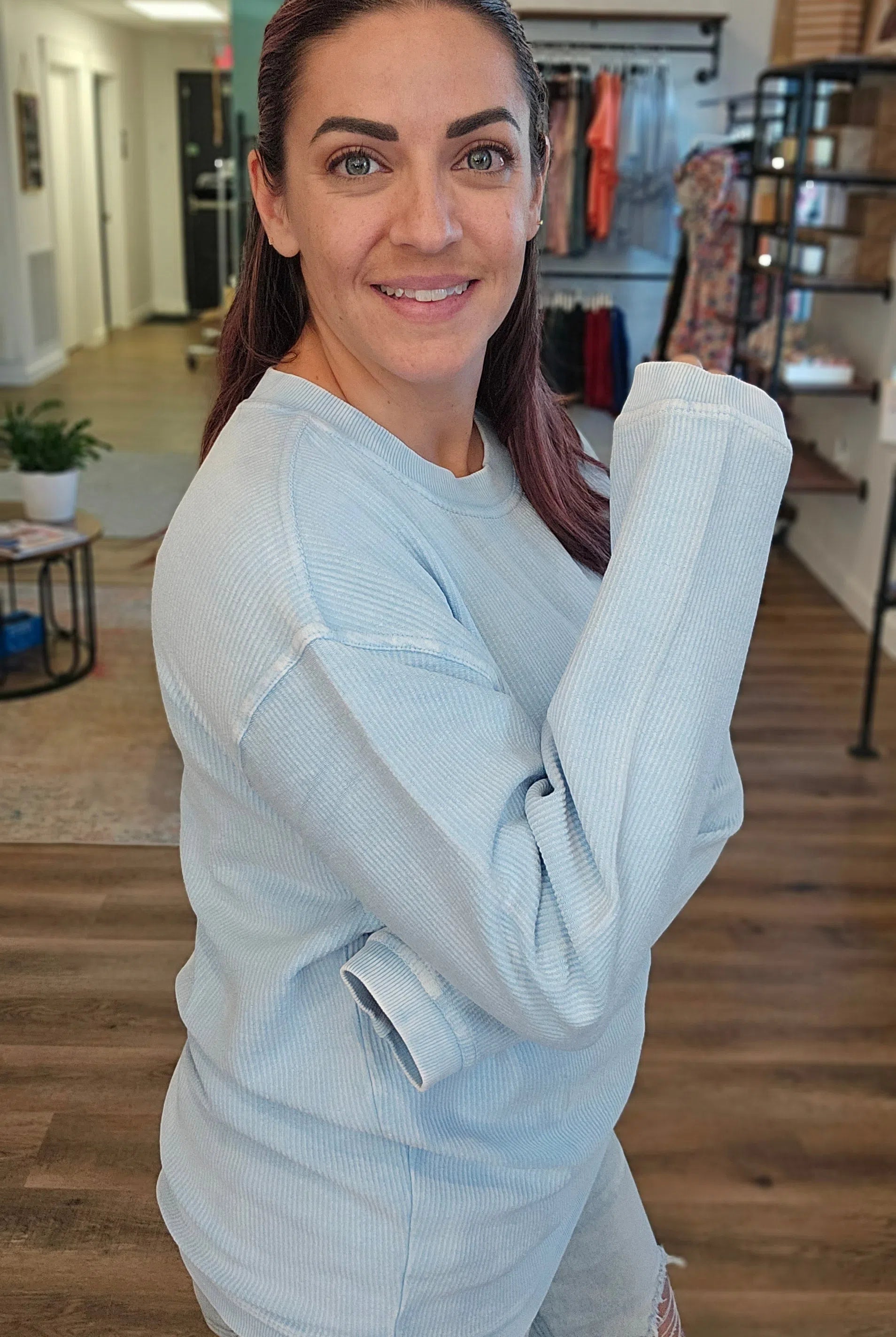 Shop Solid Corded Crew - Sky Blue-Sweatshirt at Ruby Joy Boutique, a Women's Clothing Store in Pickerington, Ohio