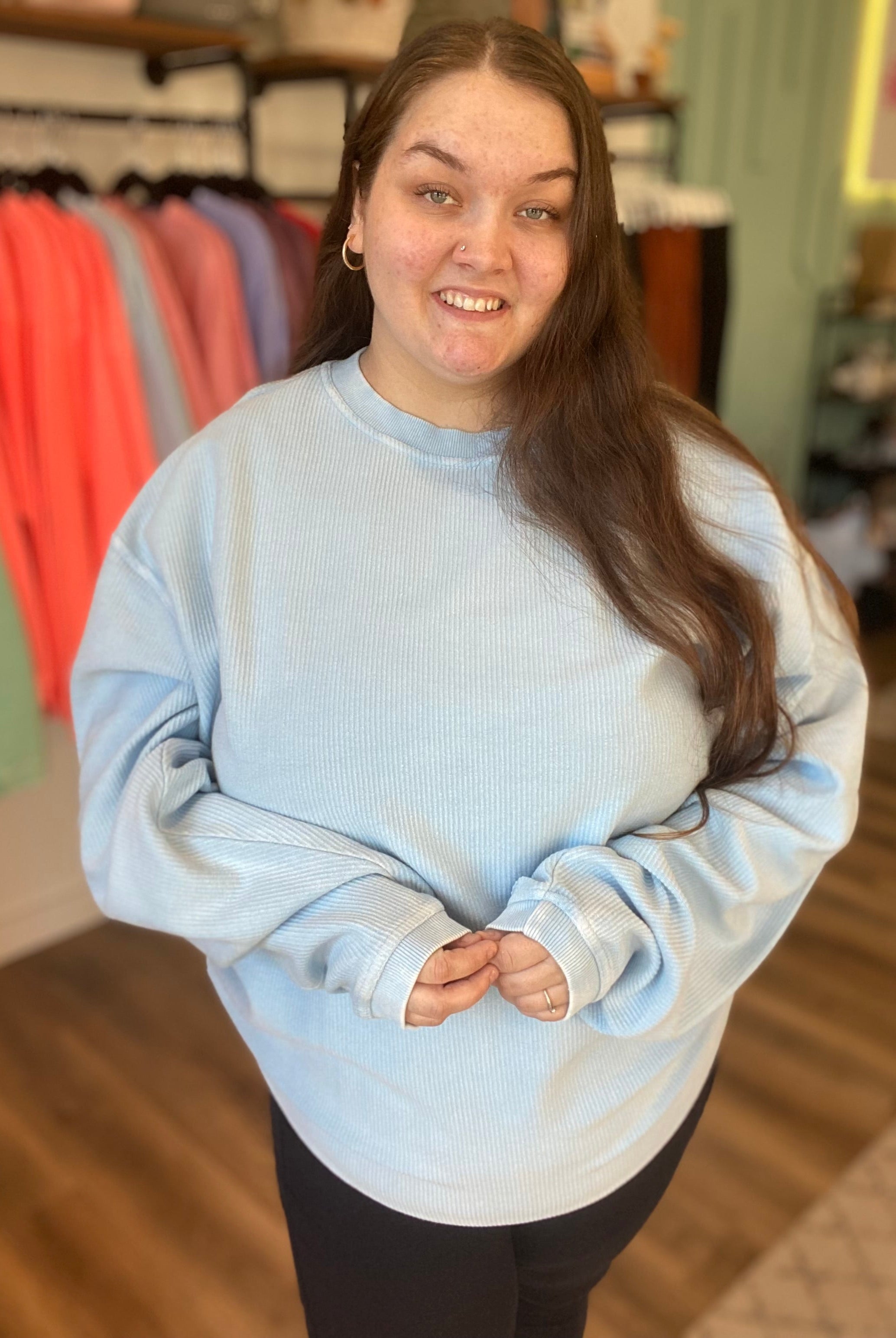 Shop Solid Corded Crew - Sky Blue-Sweatshirt at Ruby Joy Boutique, a Women's Clothing Store in Pickerington, Ohio