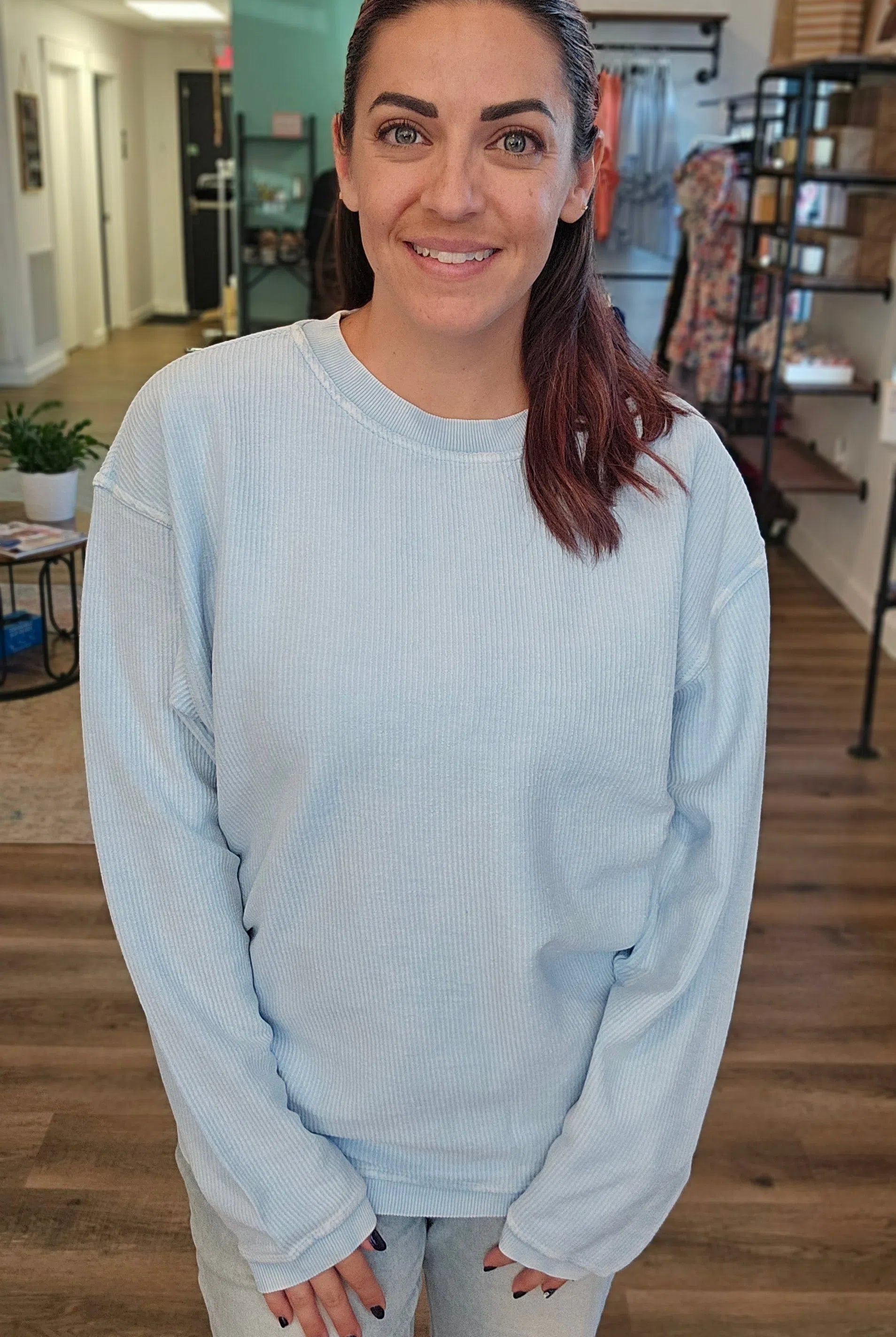 Shop Solid Corded Crew - Sky Blue-Sweatshirt at Ruby Joy Boutique, a Women's Clothing Store in Pickerington, Ohio