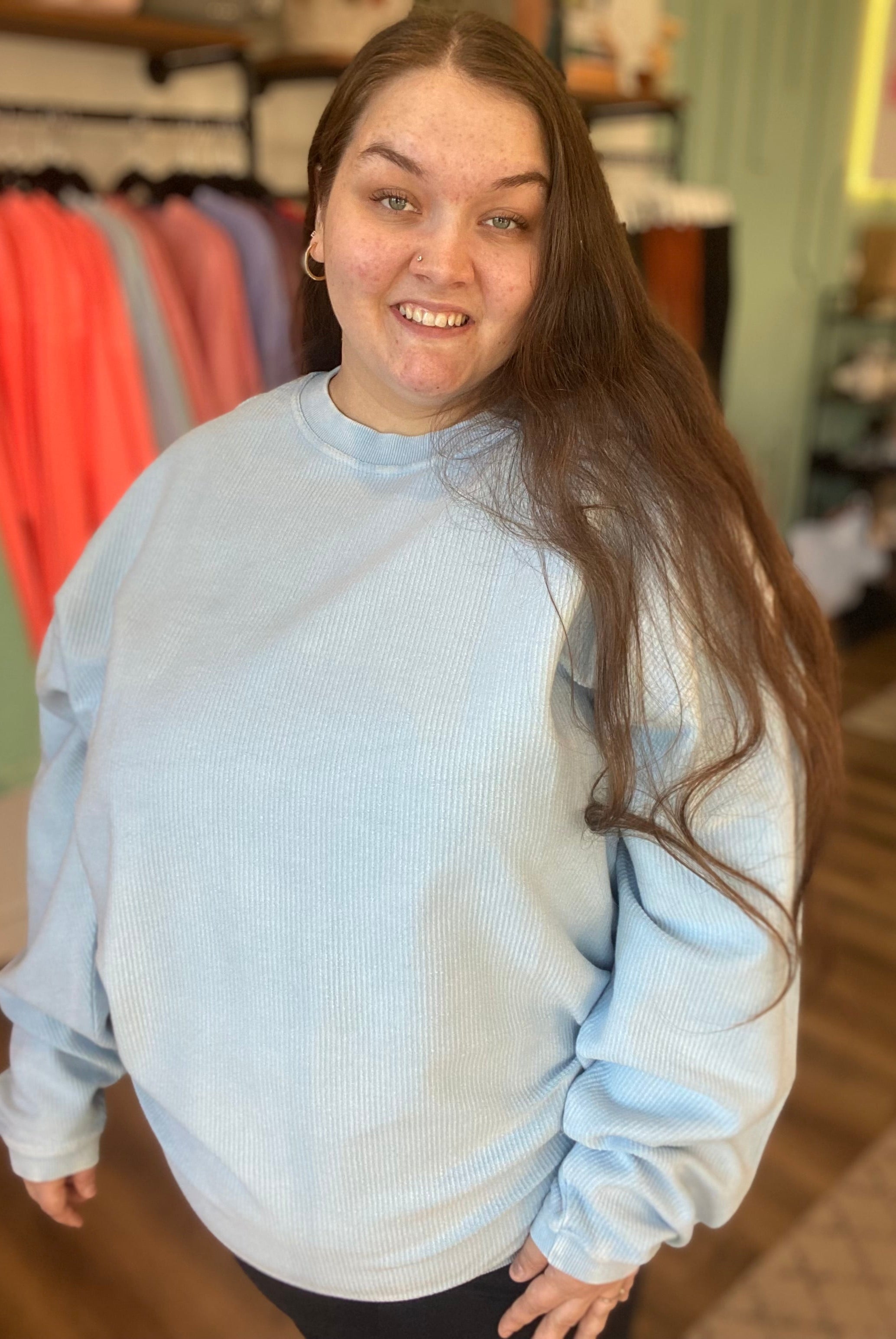 Shop Solid Corded Crew - Sky Blue-Sweatshirt at Ruby Joy Boutique, a Women's Clothing Store in Pickerington, Ohio
