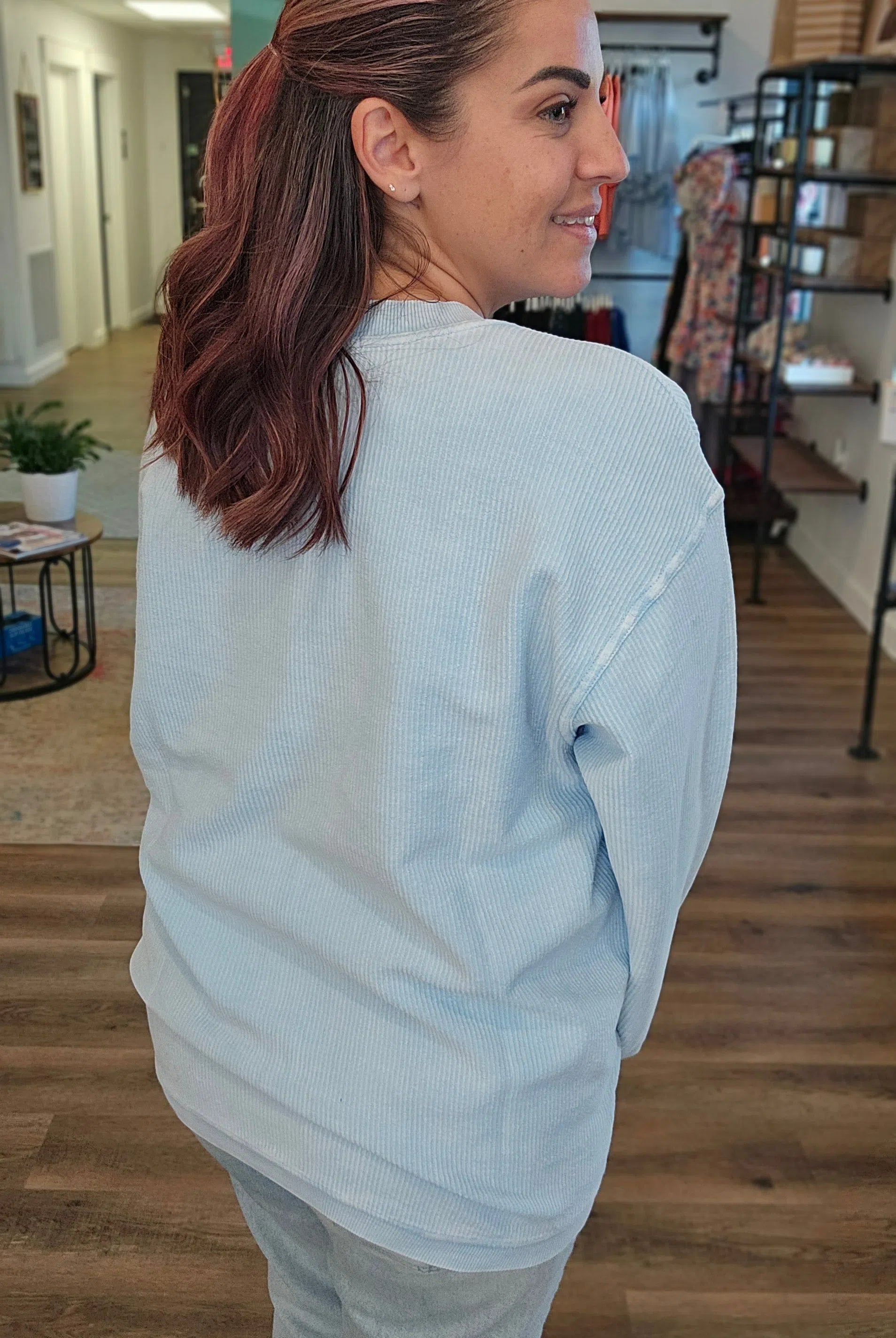 Shop Solid Corded Crew - Sky Blue-Sweatshirt at Ruby Joy Boutique, a Women's Clothing Store in Pickerington, Ohio