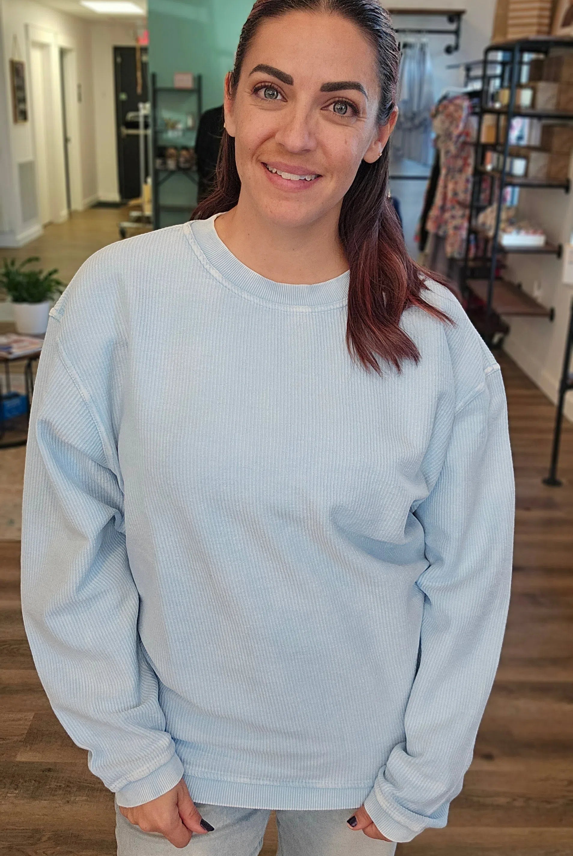 Shop Solid Corded Crew - Sky Blue-Sweatshirt at Ruby Joy Boutique, a Women's Clothing Store in Pickerington, Ohio