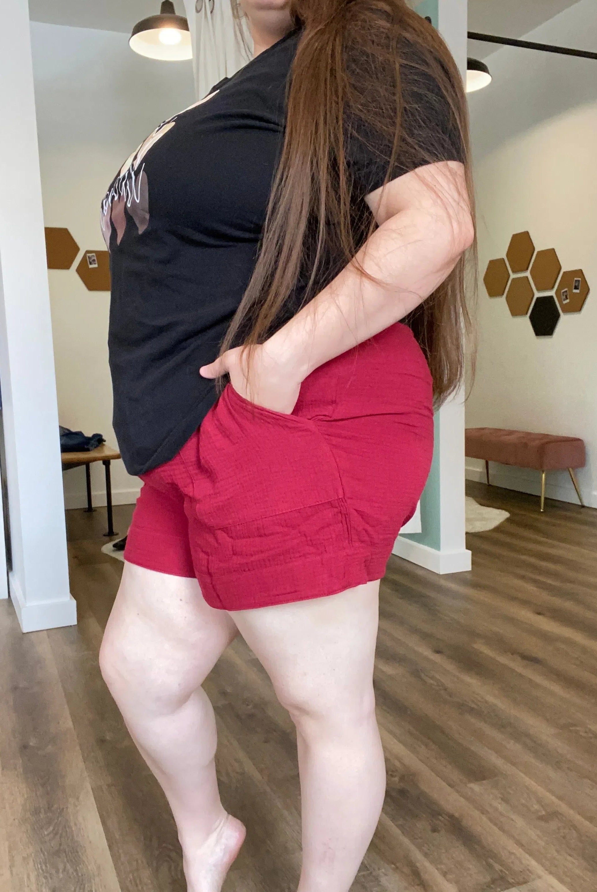 Shop Sonia Gauzy Drawstring Shorts - Garnet-Shorts at Ruby Joy Boutique, a Women's Clothing Store in Pickerington, Ohio