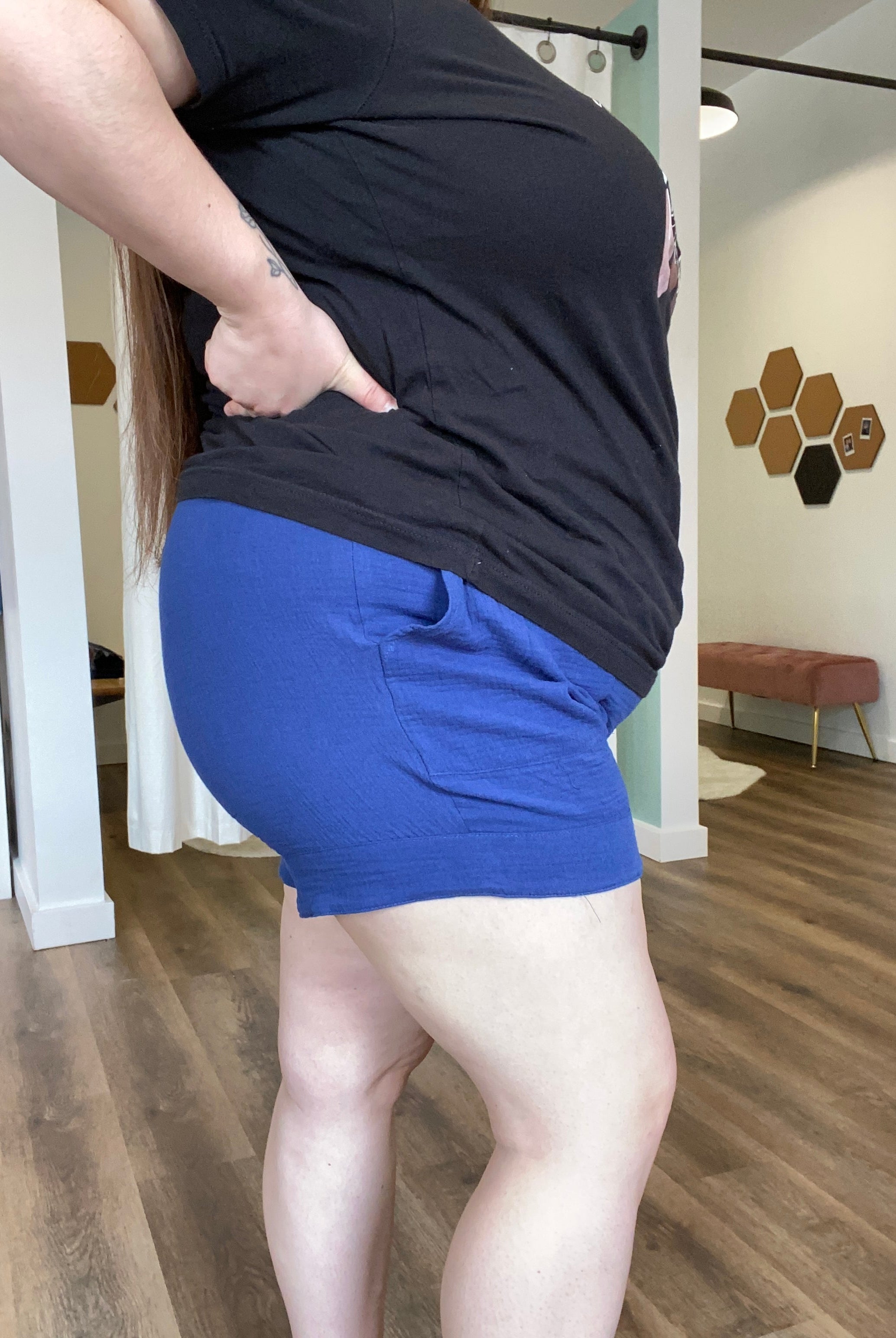 Shop Sonia Gauzy Drawstring Shorts - Navy-Shorts at Ruby Joy Boutique, a Women's Clothing Store in Pickerington, Ohio