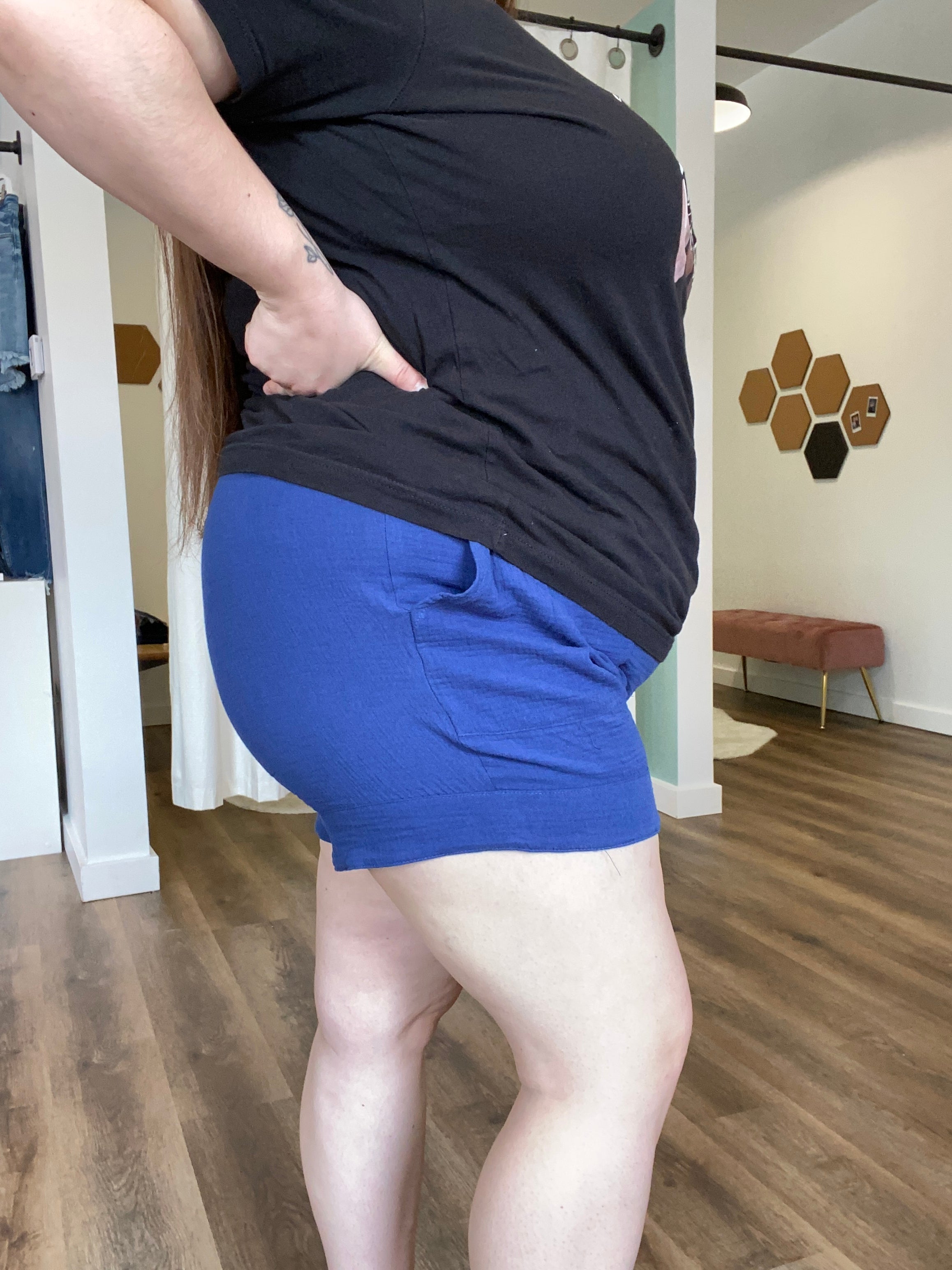 Shop Sonia Gauzy Drawstring Shorts - Navy-Shorts at Ruby Joy Boutique, a Women's Clothing Store in Pickerington, Ohio