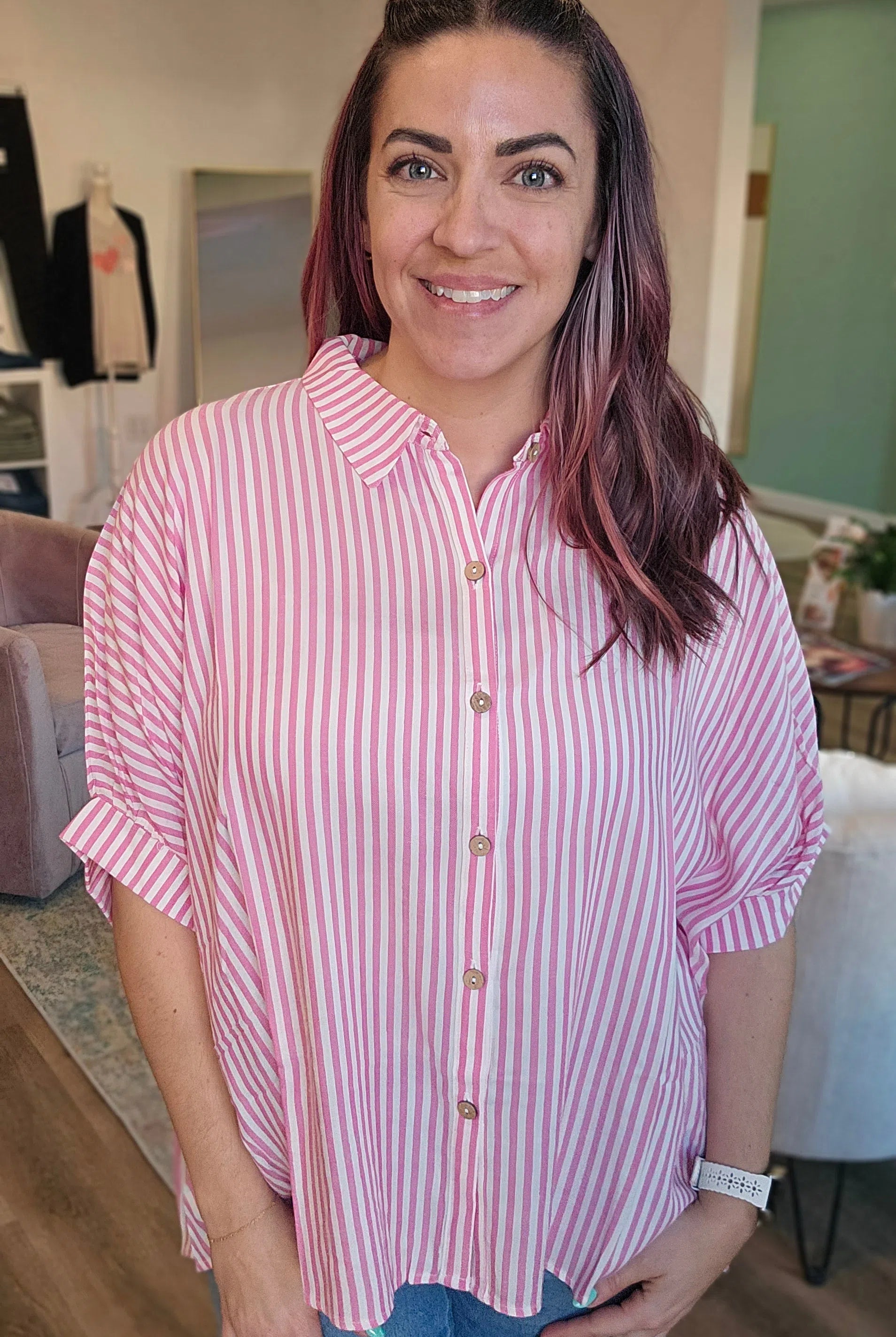 Shop Sonoma Striped Button-Down - Pink-S/M at Ruby Joy Boutique, a Women's Clothing Store in Pickerington, Ohio