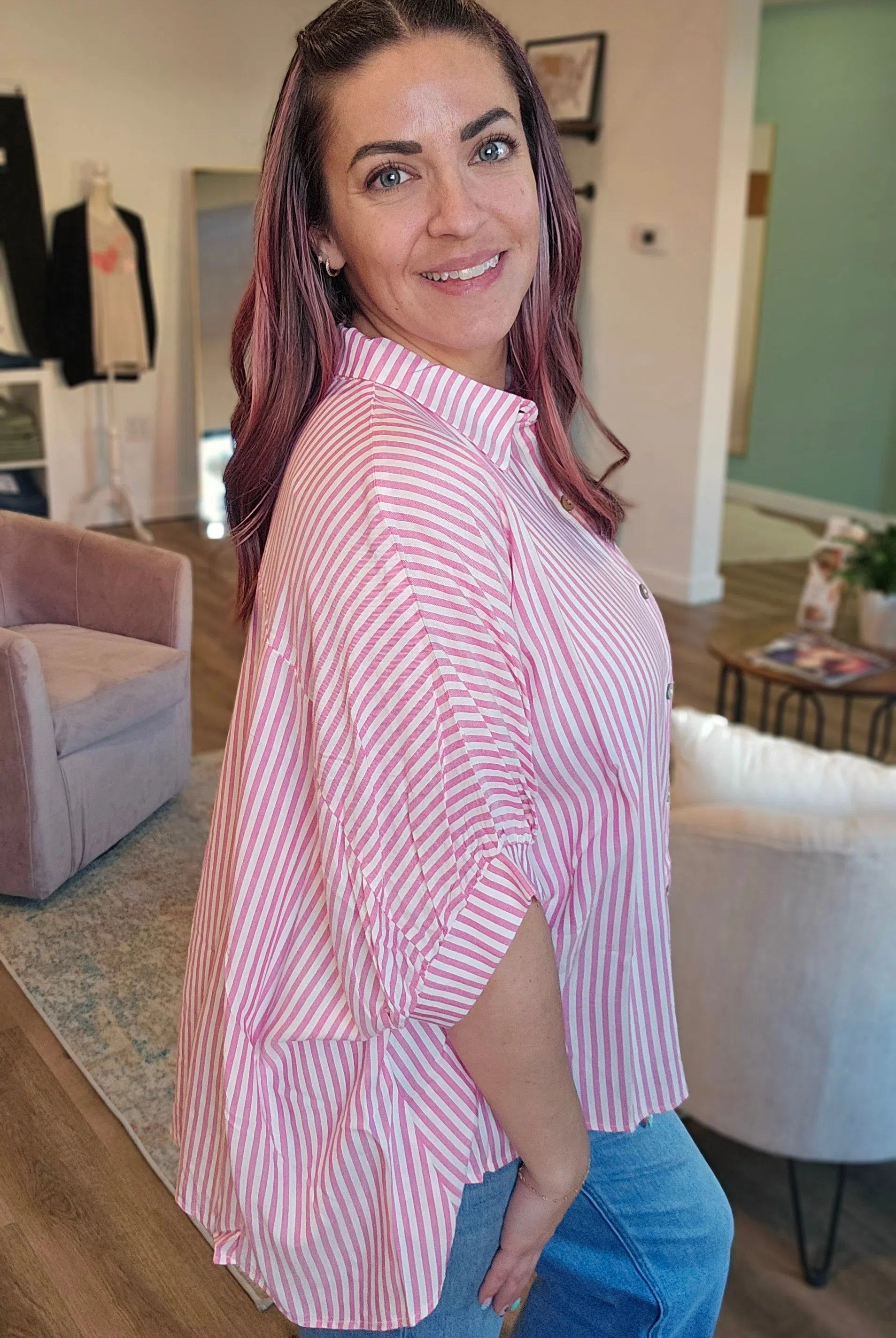 Shop Sonoma Striped Button-Down - Pink- at Ruby Joy Boutique, a Women's Clothing Store in Pickerington, Ohio