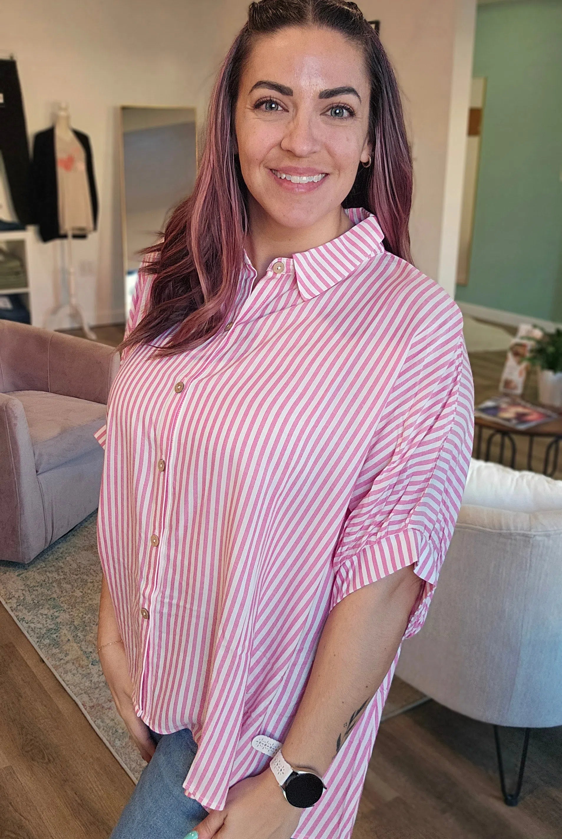 Shop Sonoma Striped Button-Down - Pink- at Ruby Joy Boutique, a Women's Clothing Store in Pickerington, Ohio