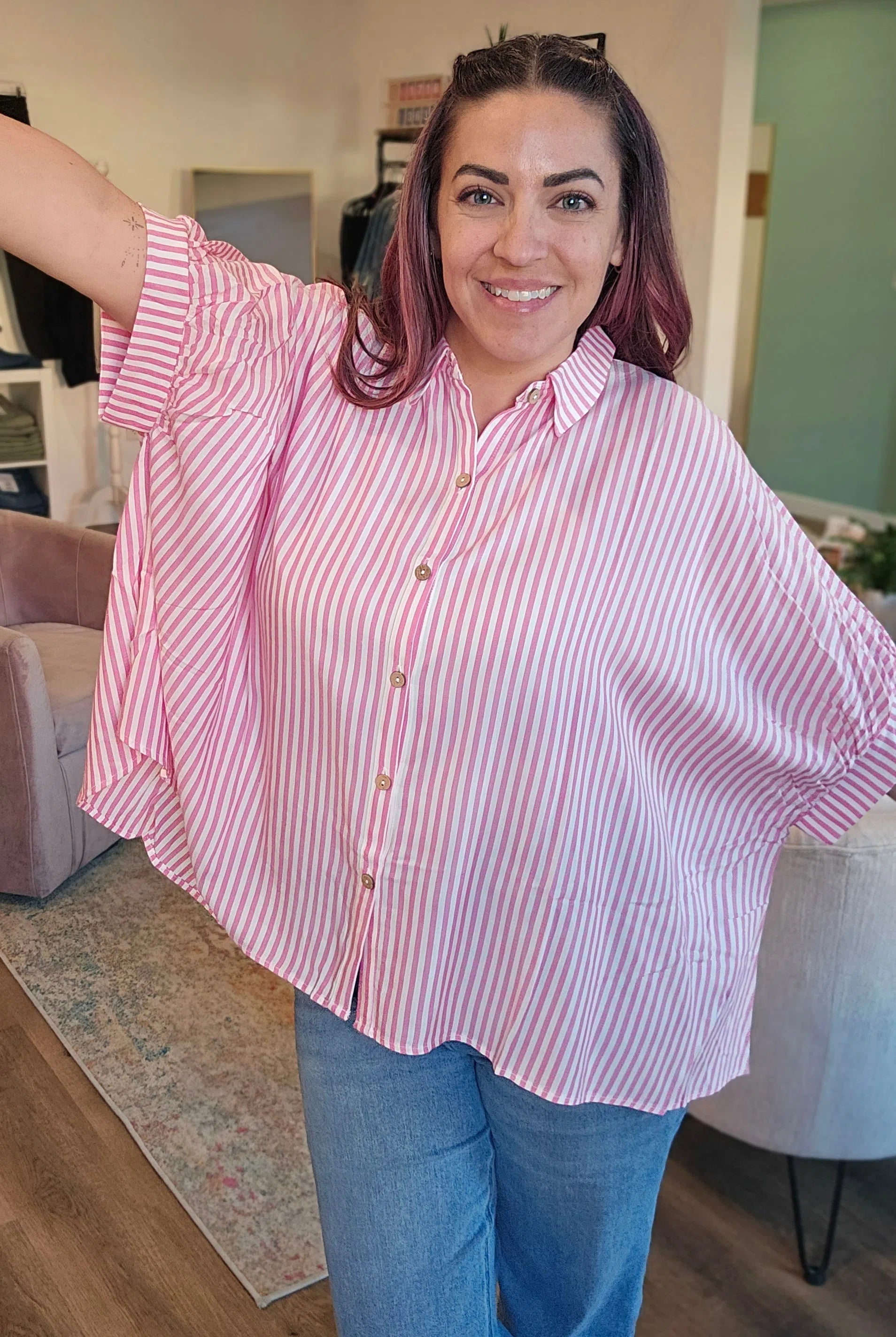 Shop Sonoma Striped Button-Down - Pink- at Ruby Joy Boutique, a Women's Clothing Store in Pickerington, Ohio