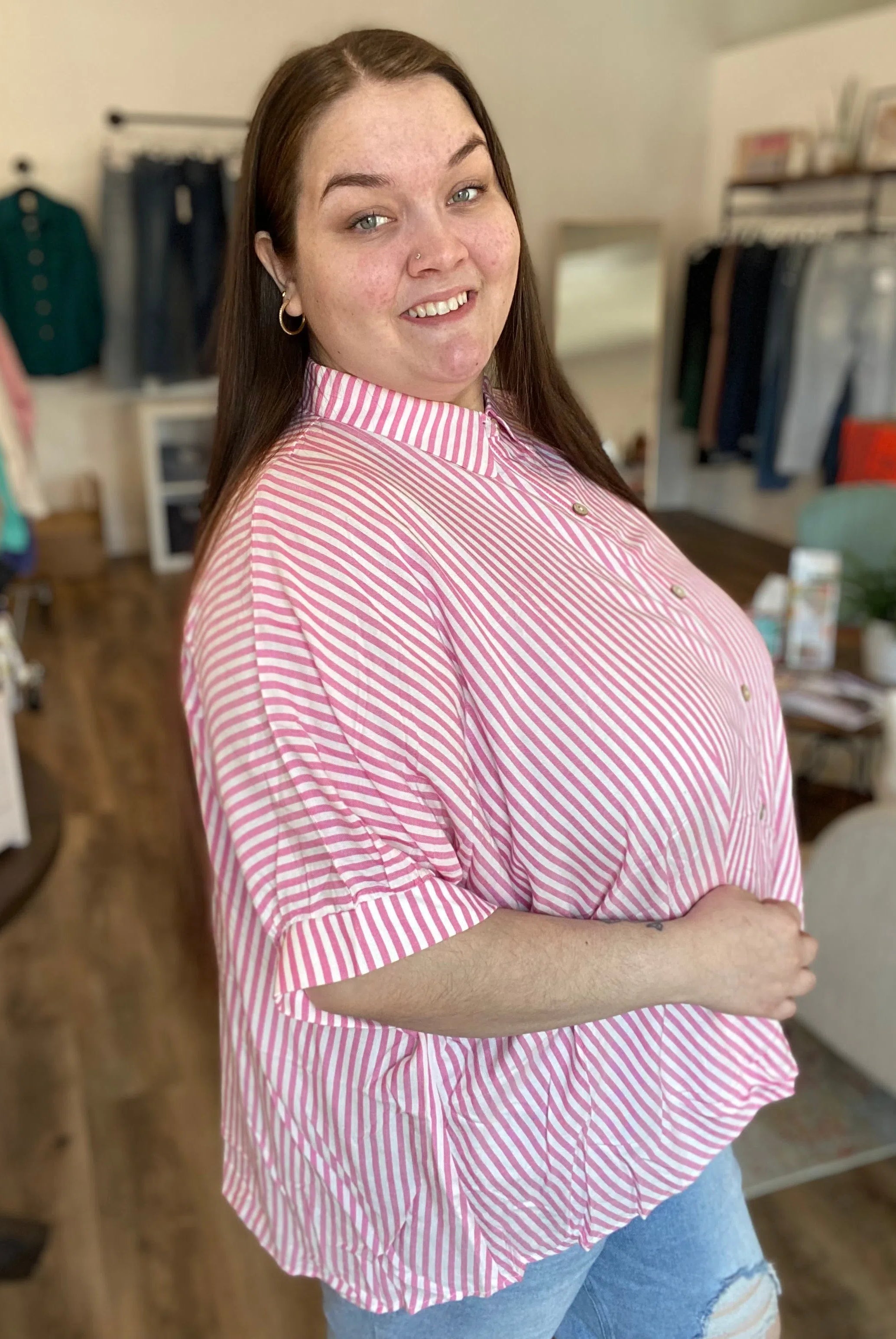 Shop Sonoma Striped Button-Down - Pink- at Ruby Joy Boutique, a Women's Clothing Store in Pickerington, Ohio