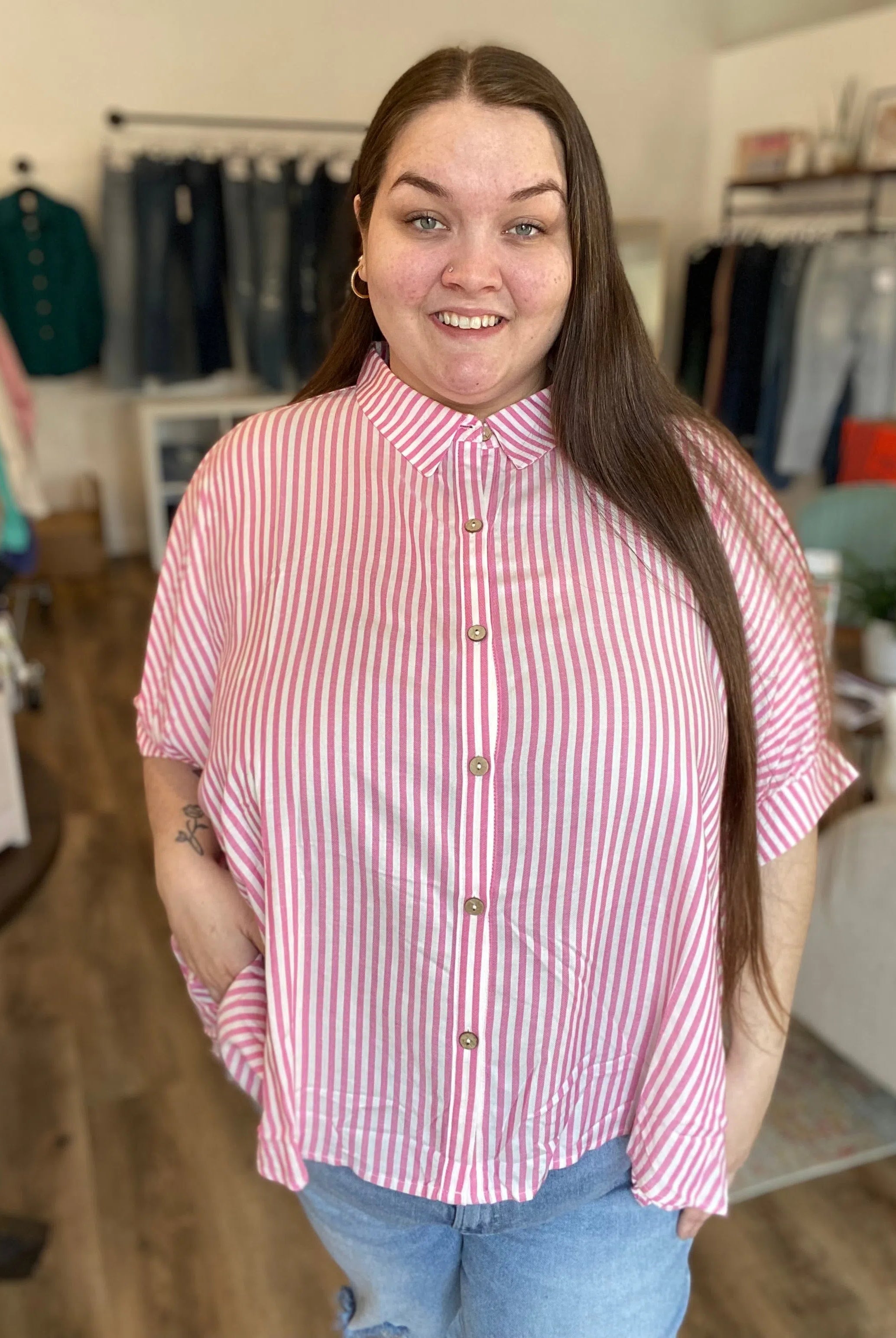 Shop Sonoma Striped Button-Down - Pink-1XL/2XL at Ruby Joy Boutique, a Women's Clothing Store in Pickerington, Ohio