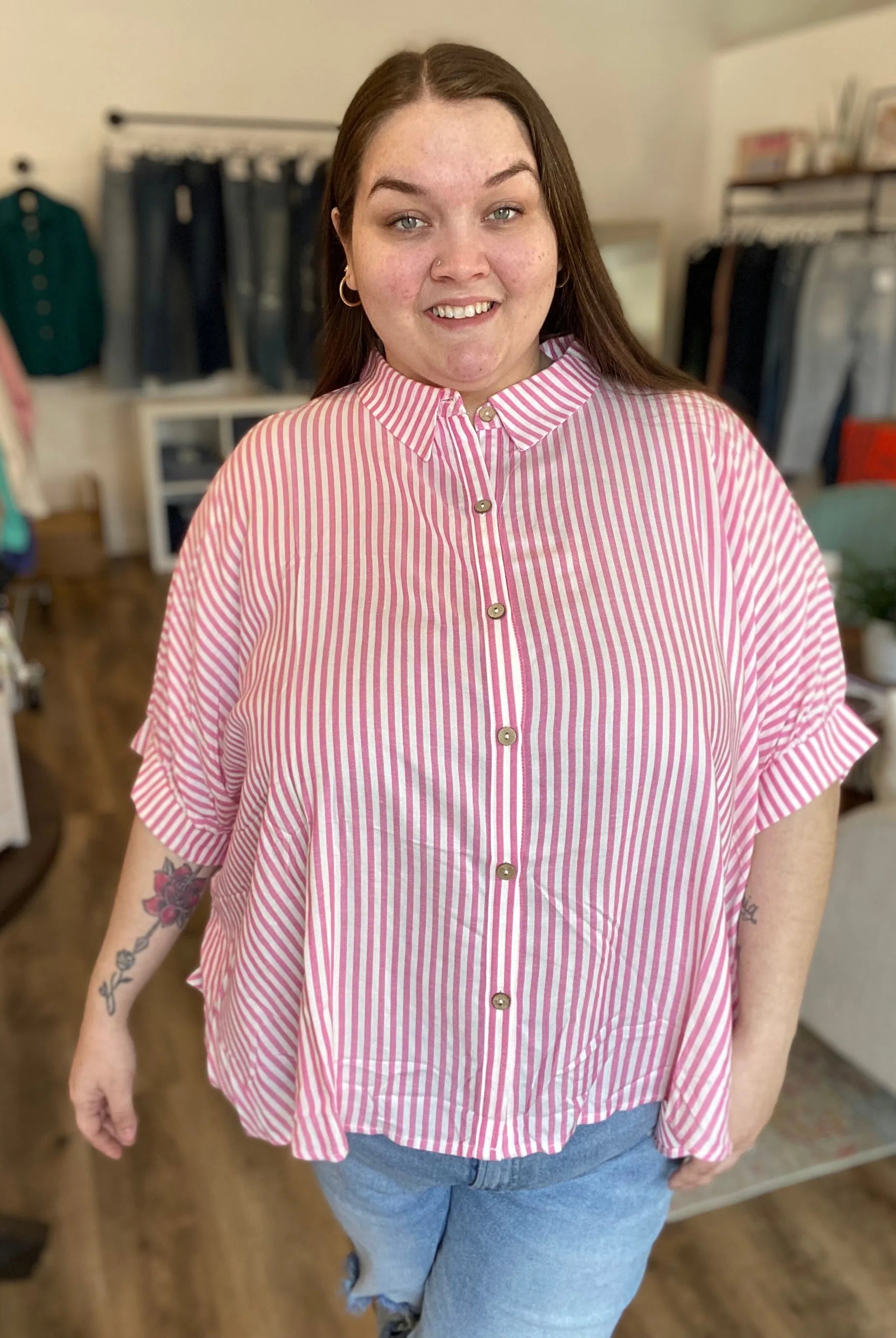 Shop Sonoma Striped Button-Down - Pink- at Ruby Joy Boutique, a Women's Clothing Store in Pickerington, Ohio