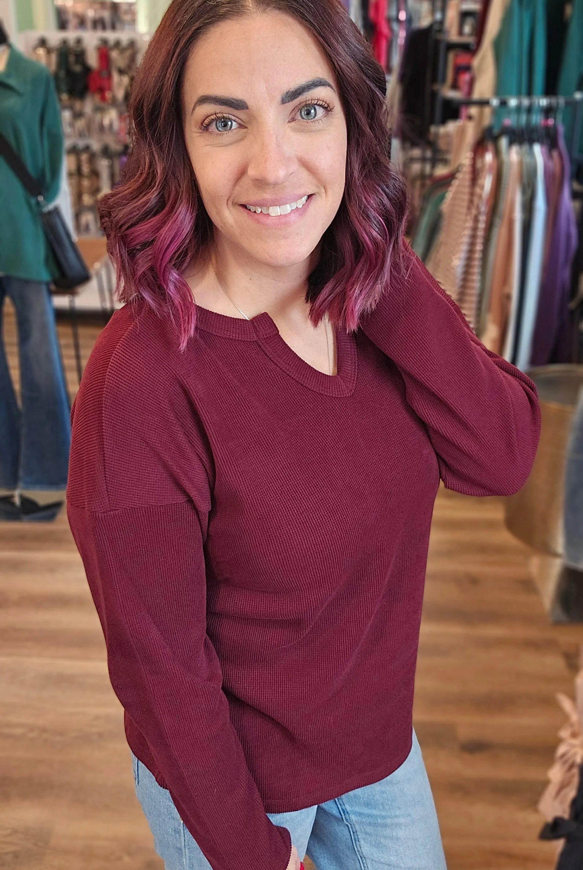 Shop Split Neck Brushed Thermal Top - Burgundy- at Ruby Joy Boutique, a Women's Clothing Store in Pickerington, Ohio