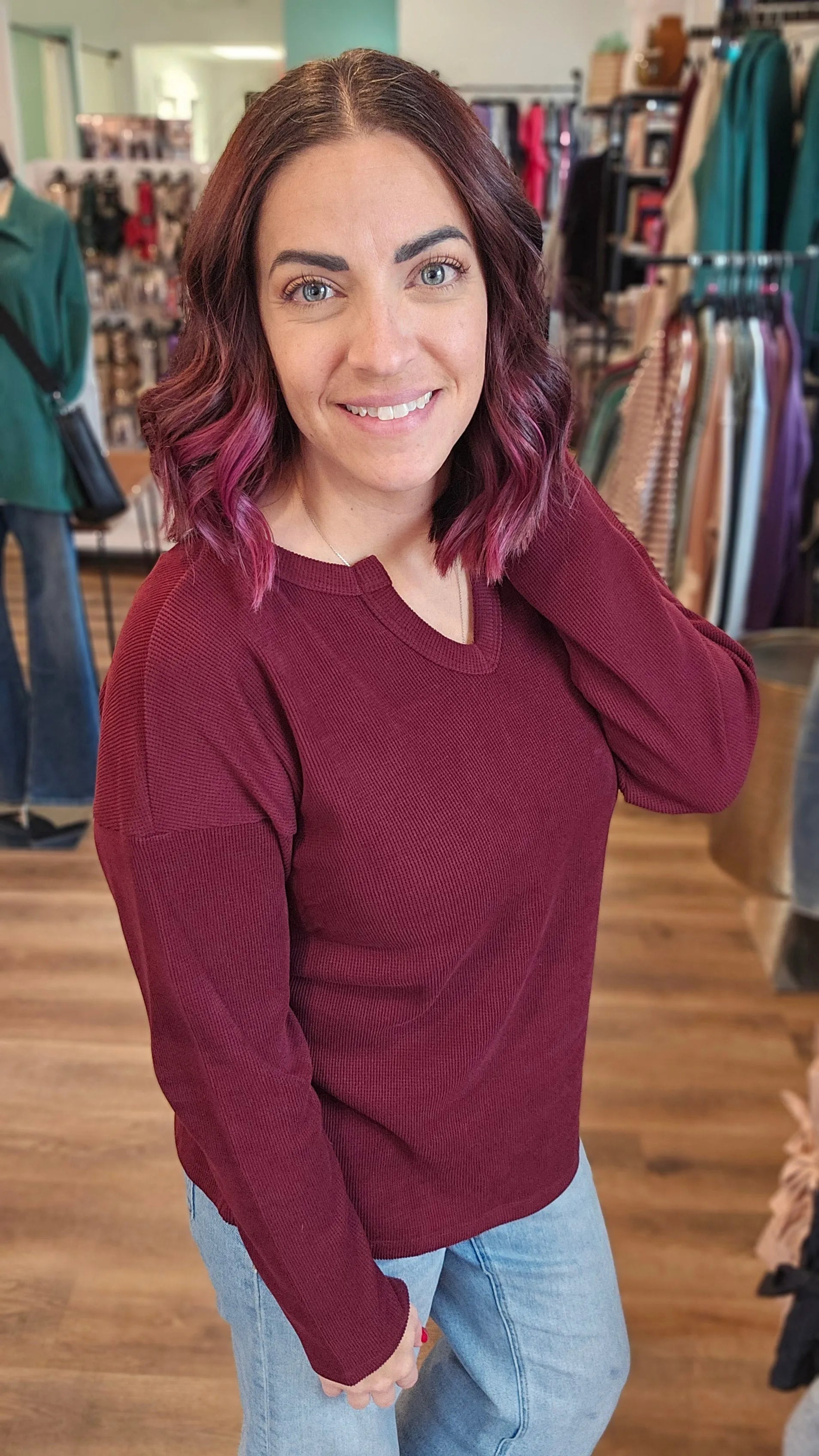 Shop Split Neck Brushed Thermal Top - Burgundy- at Ruby Joy Boutique, a Women's Clothing Store in Pickerington, Ohio