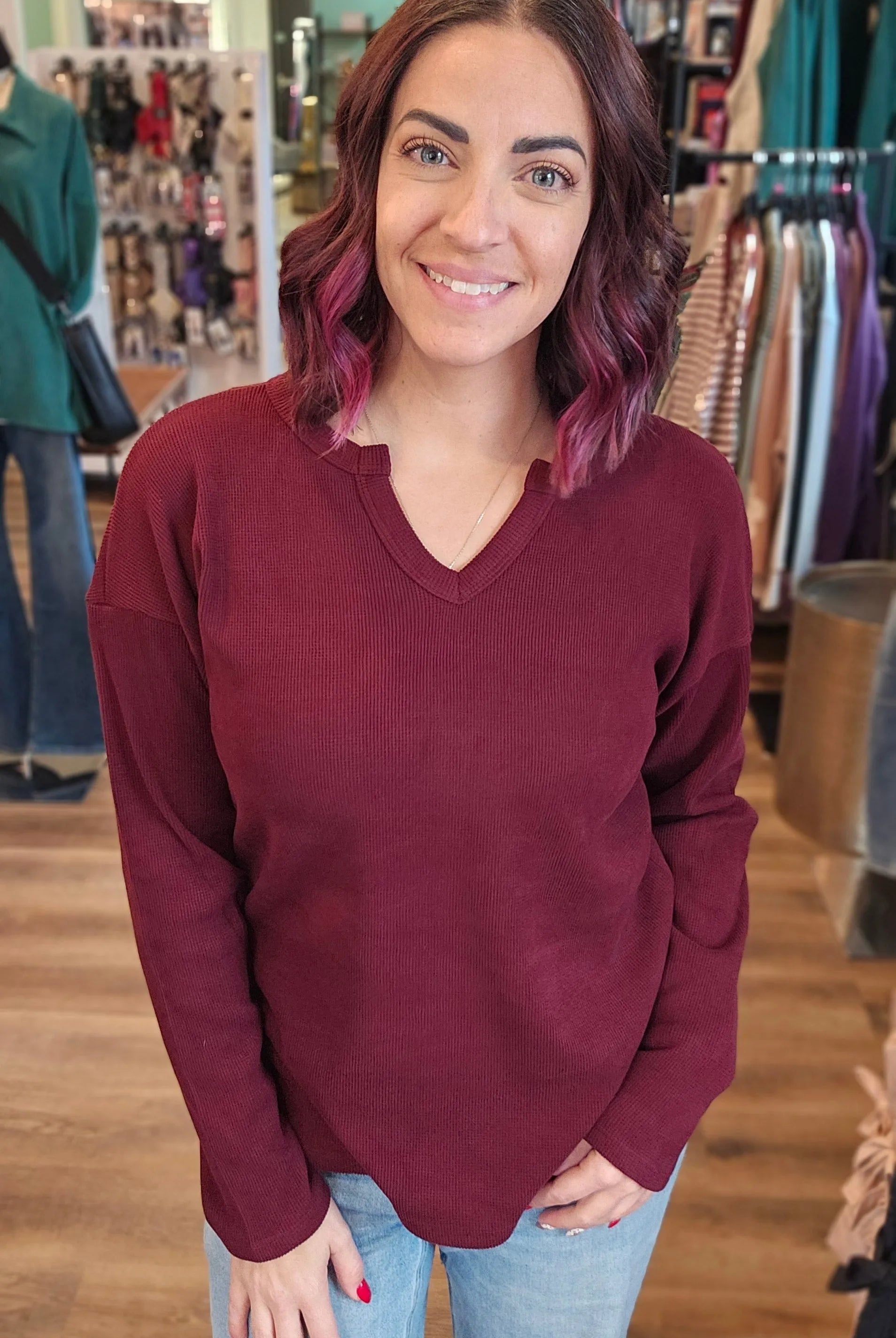 Shop Split Neck Brushed Thermal Top - Burgundy- at Ruby Joy Boutique, a Women's Clothing Store in Pickerington, Ohio