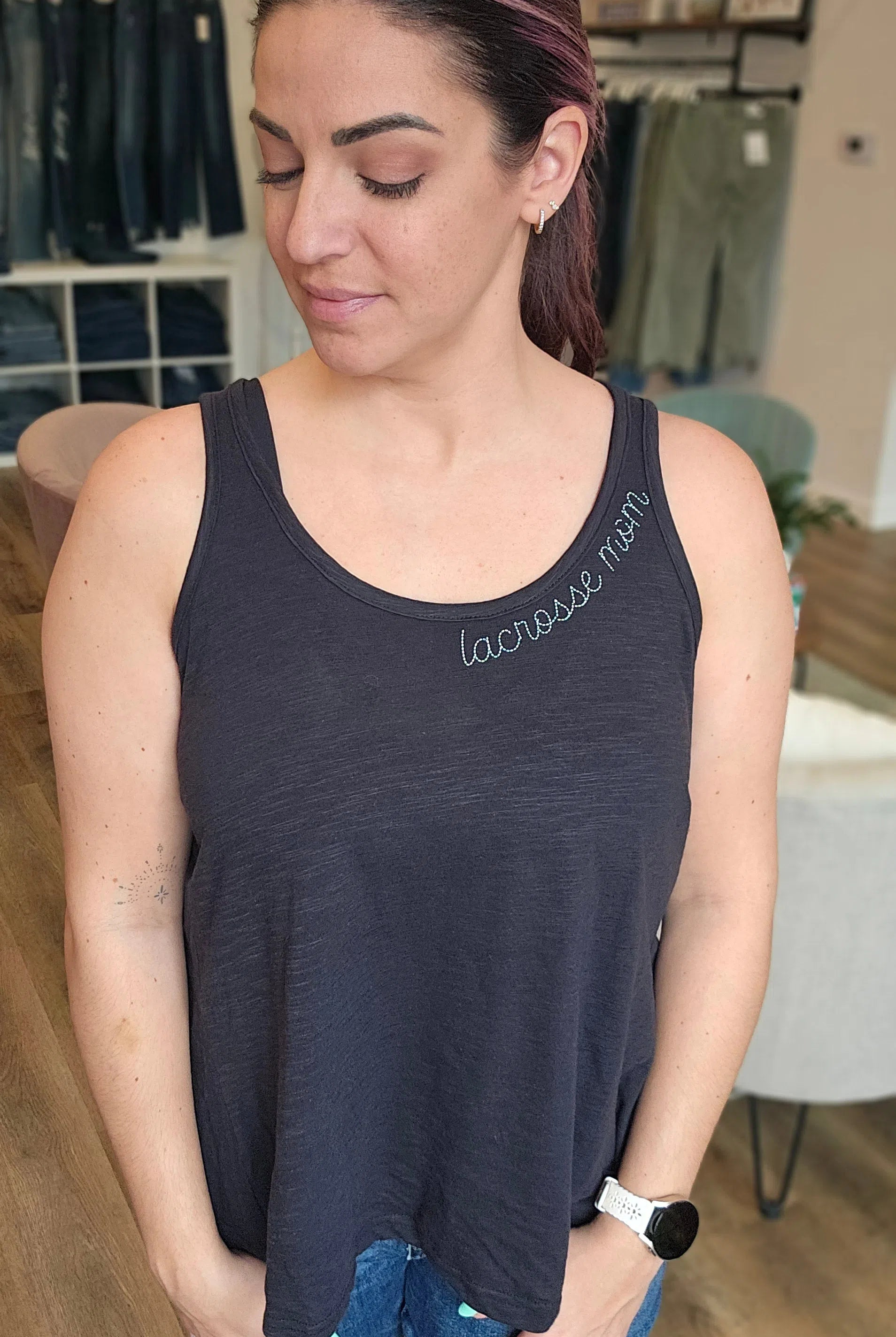 Shop Sports Mom Faux Embroidery Tank - Custom- at Ruby Joy Boutique, a Women's Clothing Store in Pickerington, Ohio