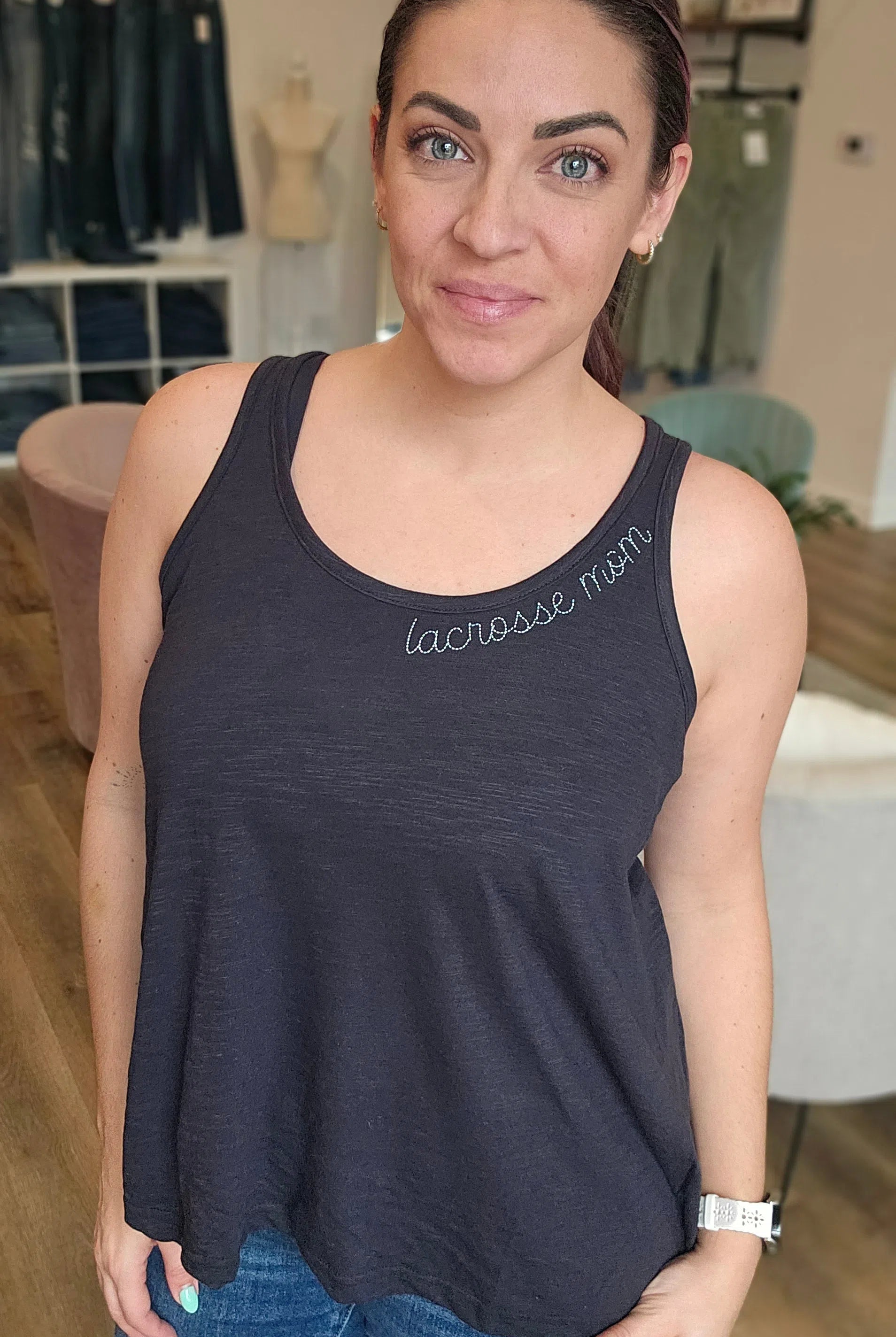 Shop Sports Mom Faux Embroidery Tank - Custom-Small at Ruby Joy Boutique, a Women's Clothing Store in Pickerington, Ohio