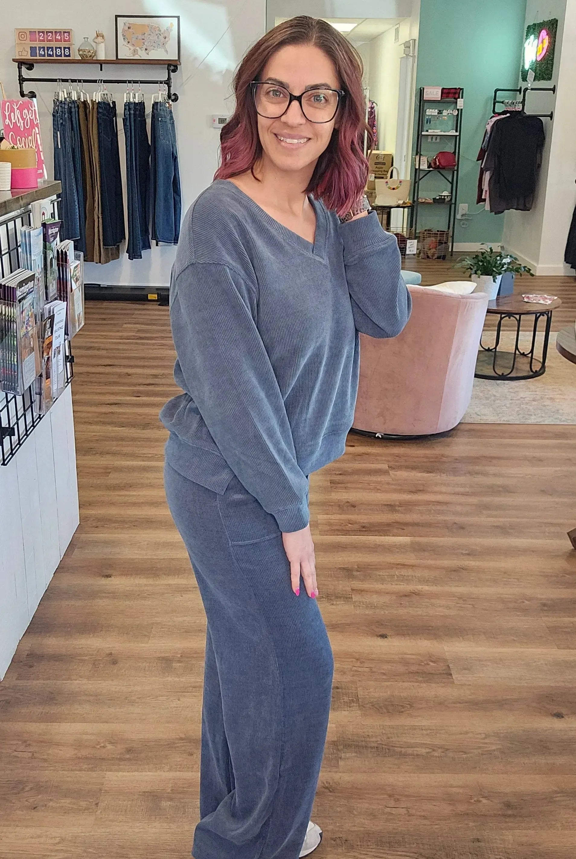 Shop Straight Leg Corded Pants - Denim- at Ruby Joy Boutique, a Women's Clothing Store in Pickerington, Ohio