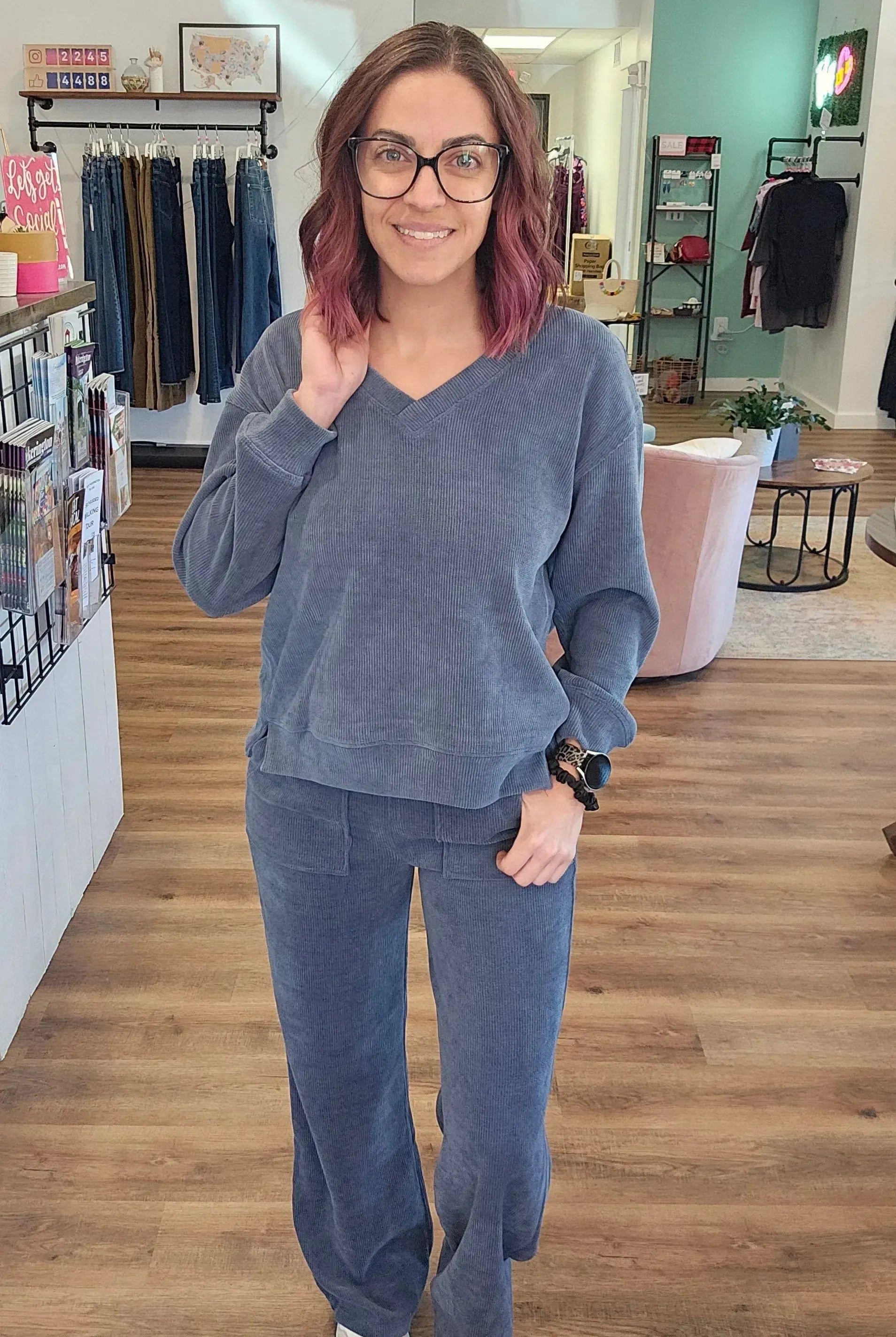 Shop Straight Leg Corded Pants - Denim- at Ruby Joy Boutique, a Women's Clothing Store in Pickerington, Ohio
